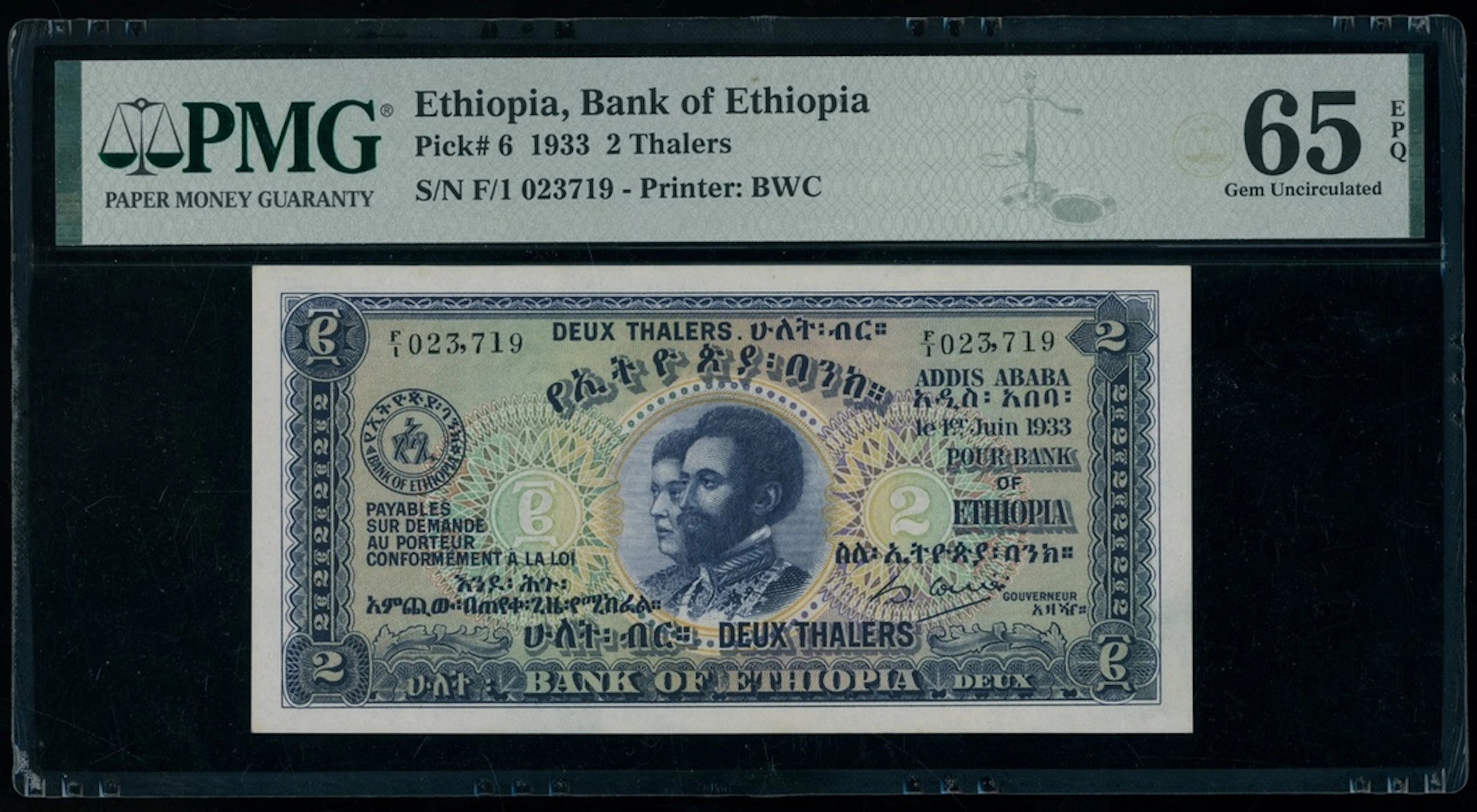 Bank of Ethiopia, 2 Thalers, 1933, serial number F/1 023719, (Pick 6, BNB 101)
