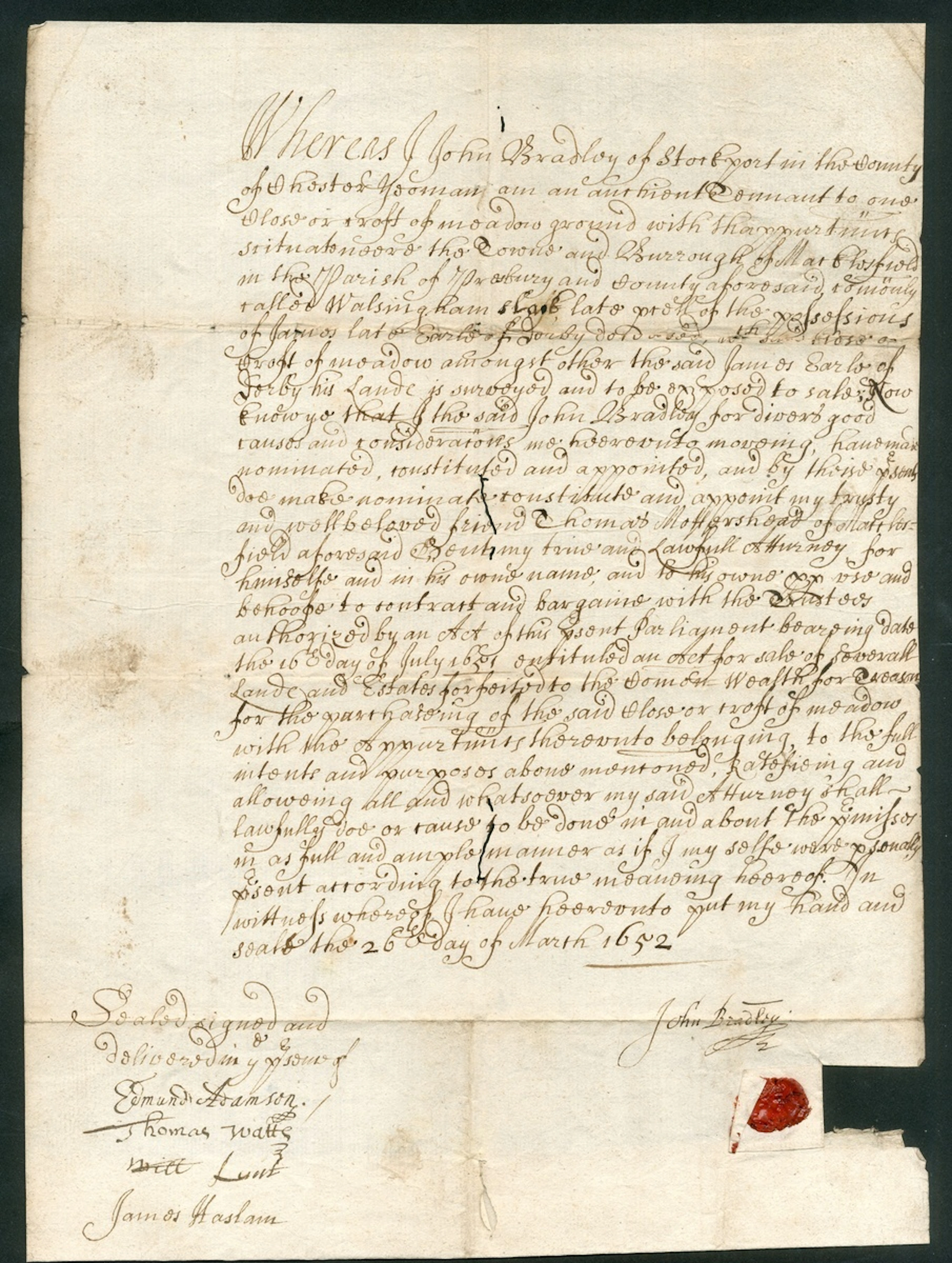 The Earl of Derby's Lands Forfeited for Treason 1652 (26 March) document