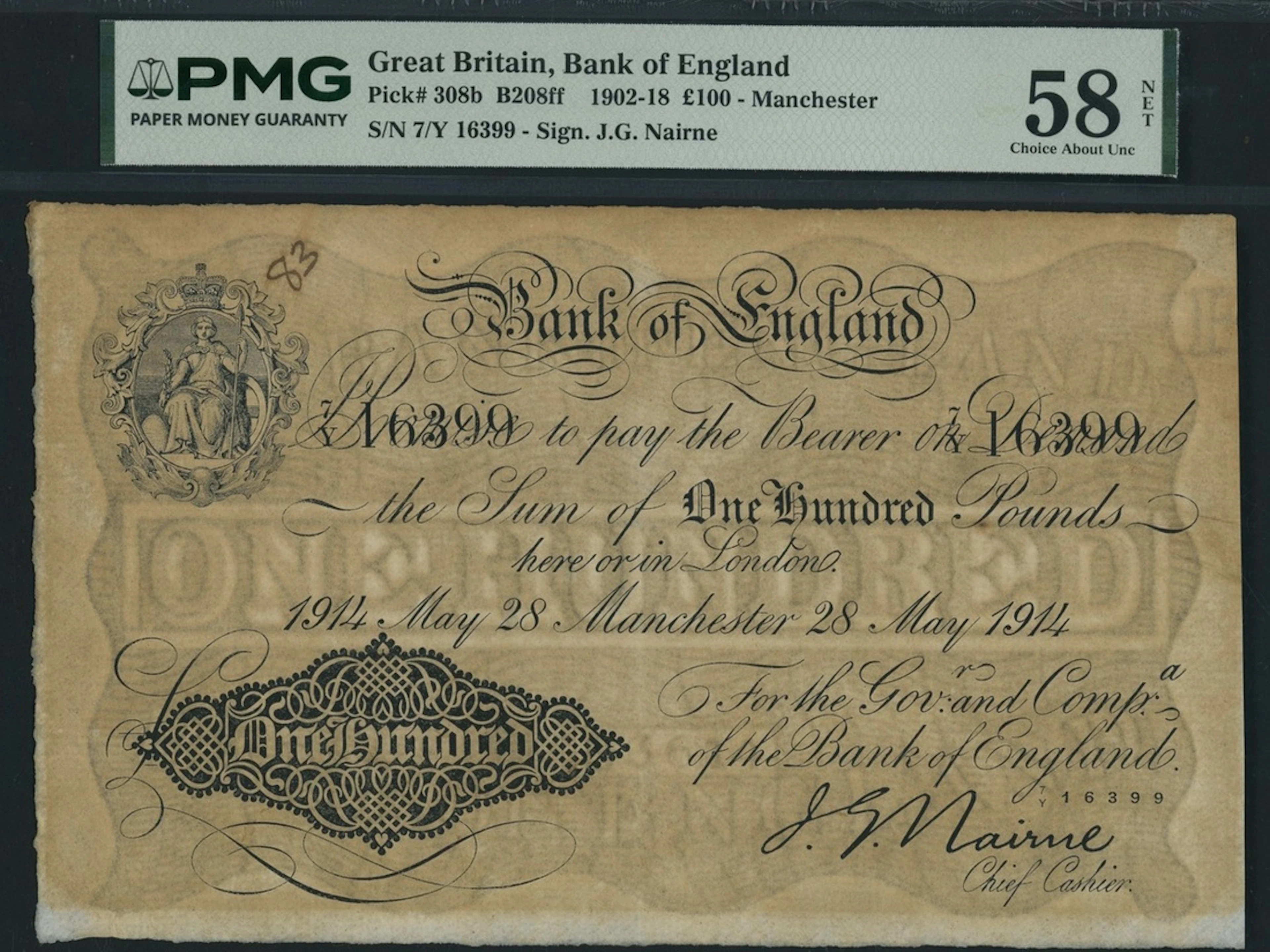 Bank of England, J. G. Nairne, £100, Manchester, 28th May 1914, serial