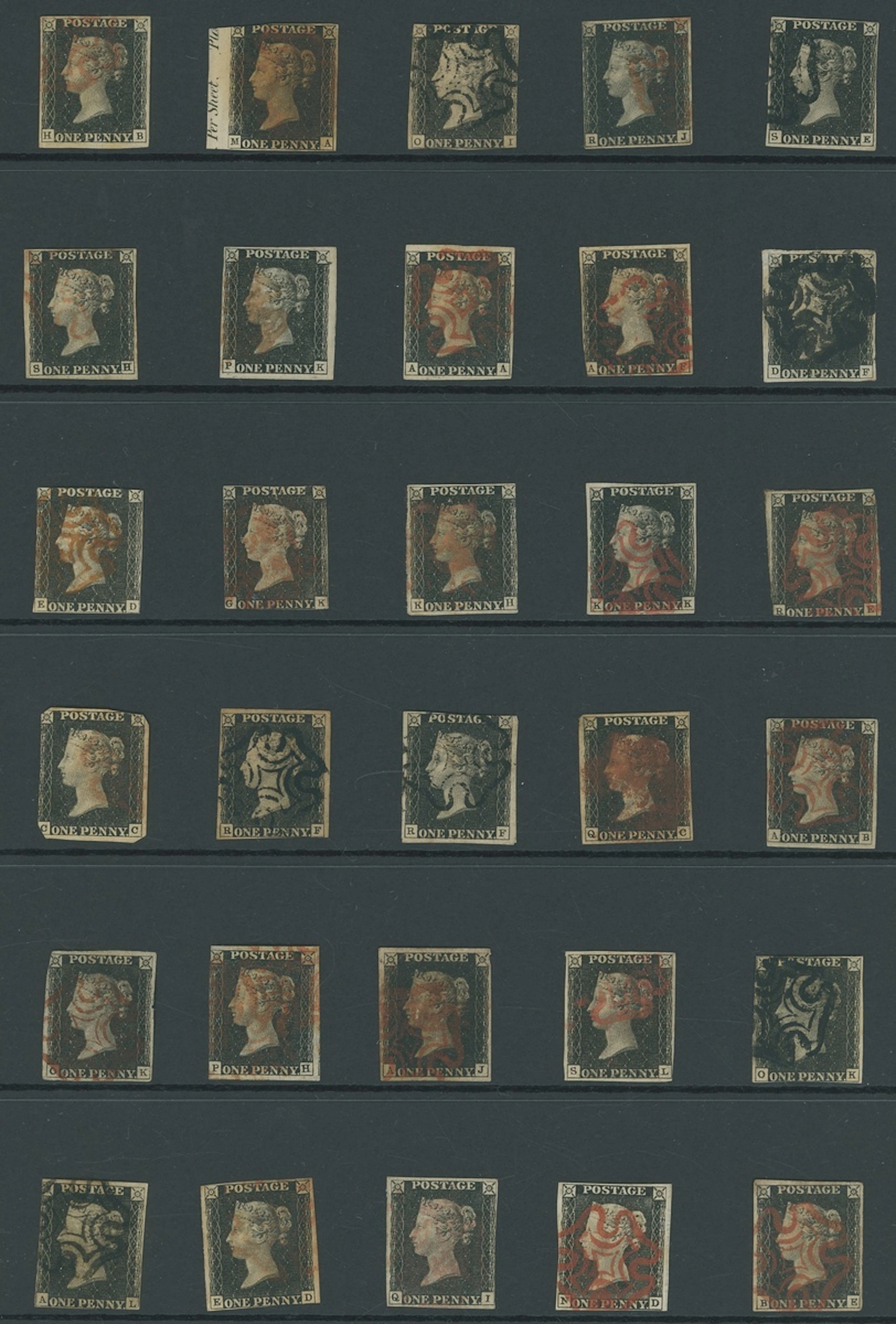 Great Britain 1840 One Penny Black Unplated A selection of eight-eight