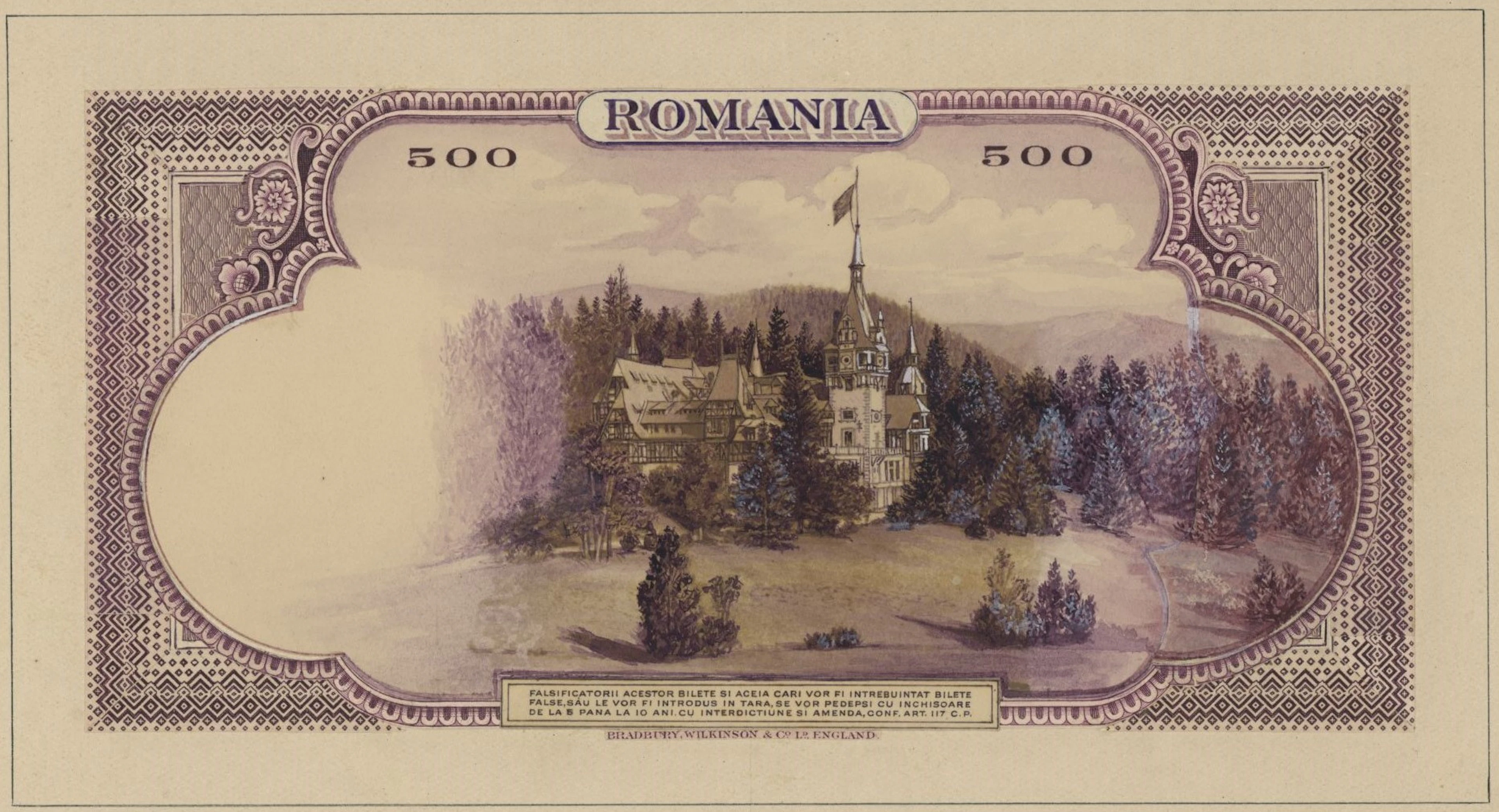 Banca Nationala, Romania, hand-executed back essay for 500 Lei, 1934
