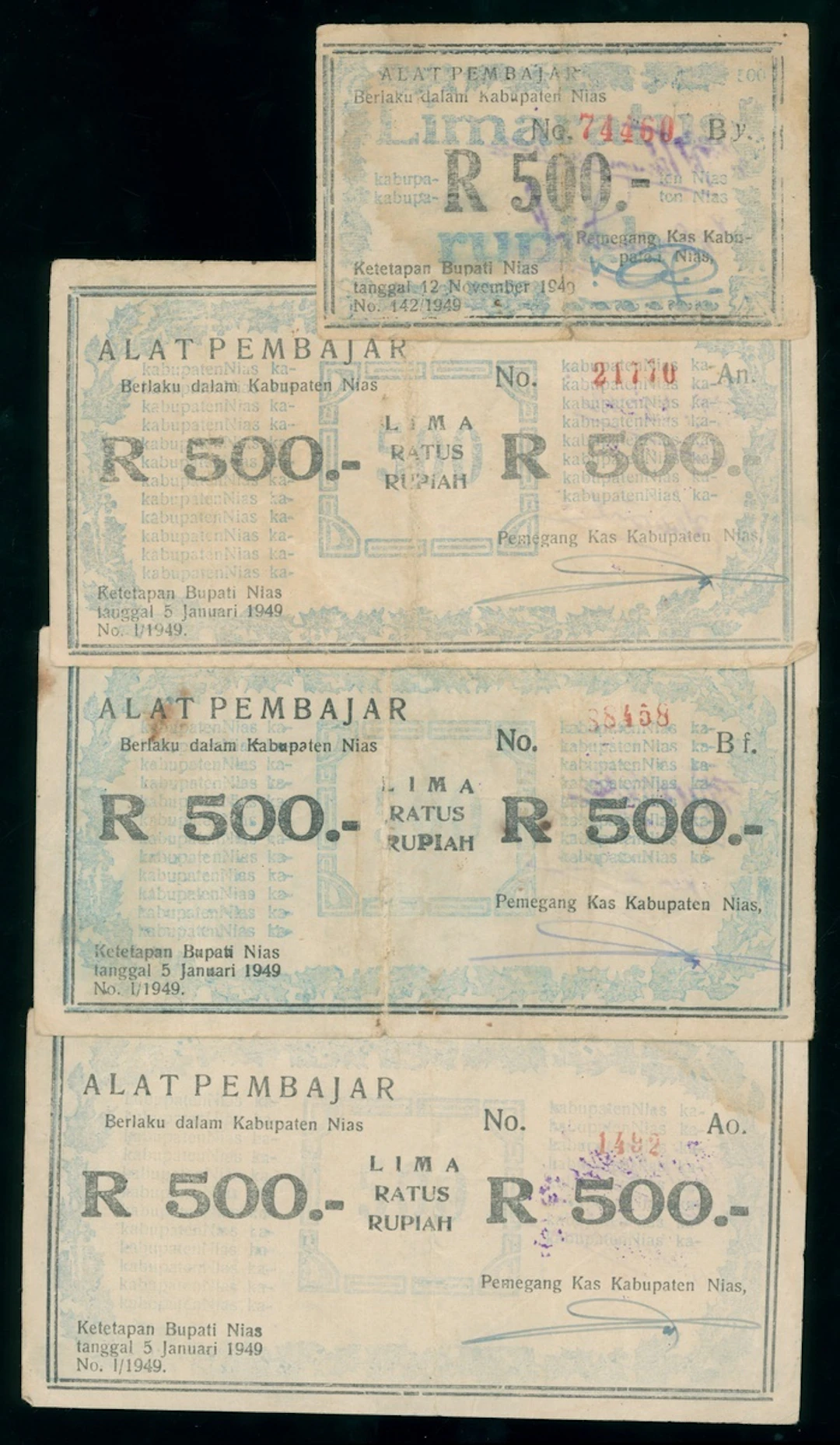 Indonesia, ORI, Nias, 500 rupiah (4), 1949, includes 1x smaller issue