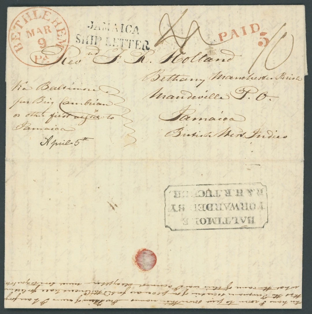 Jamaica Ship Letter Handstamps 1848 (9 Mar.) entire letter from Bethlehem