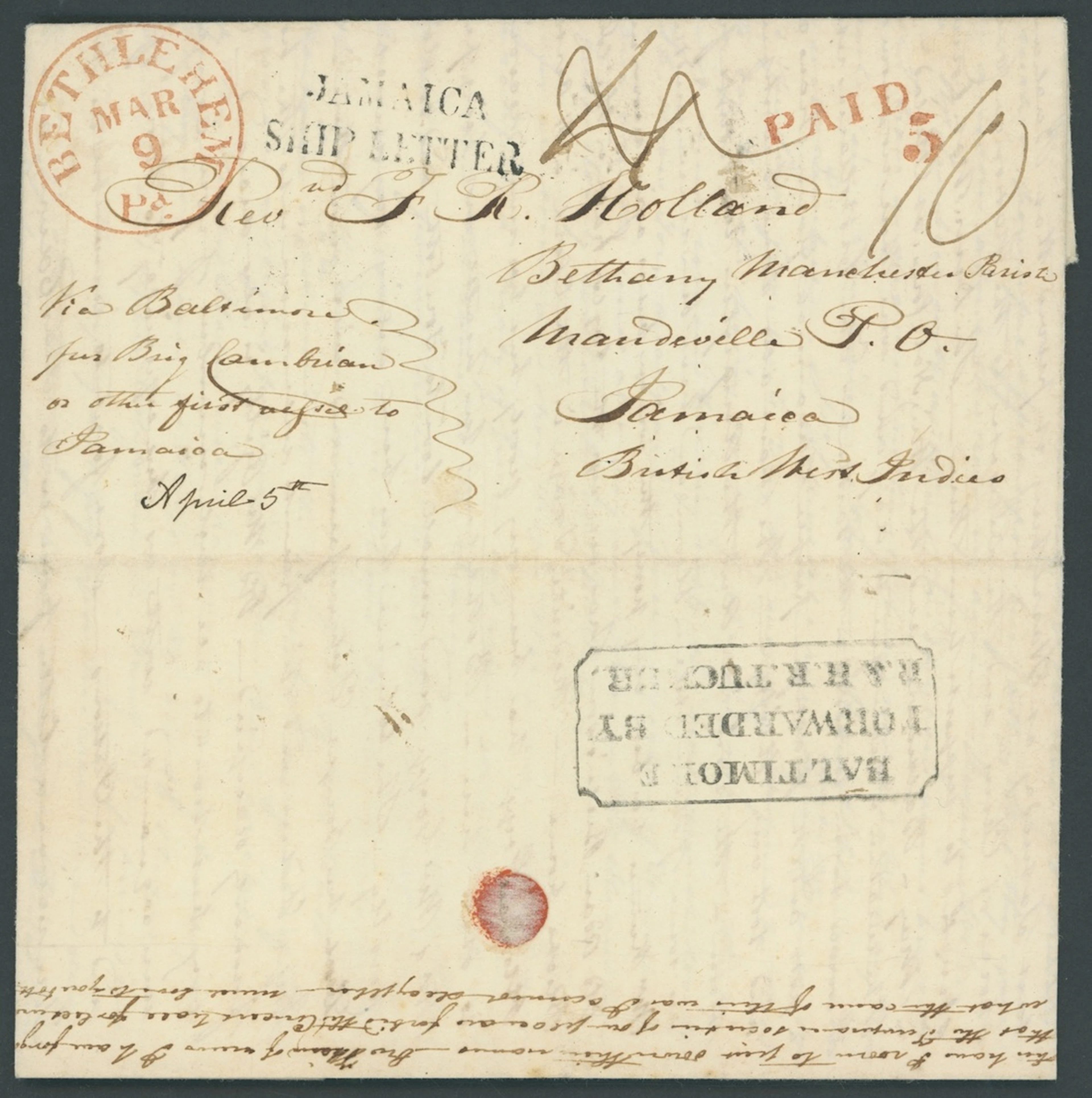 Jamaica Ship Letter Handstamps 1848 (9 Mar.) entire letter from Bethlehem