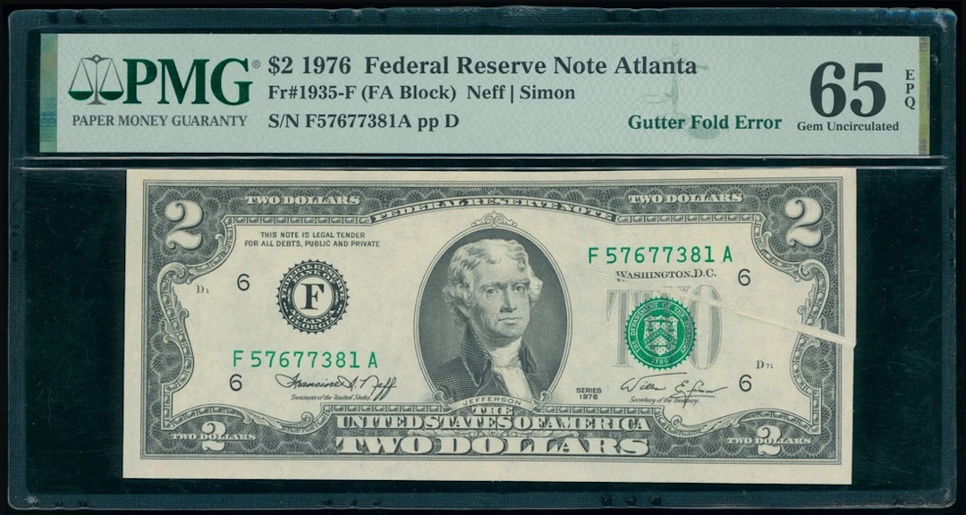 Federal Reserve Note Atlanta, USA, ERROR $2, 1976, serial number F57677381A