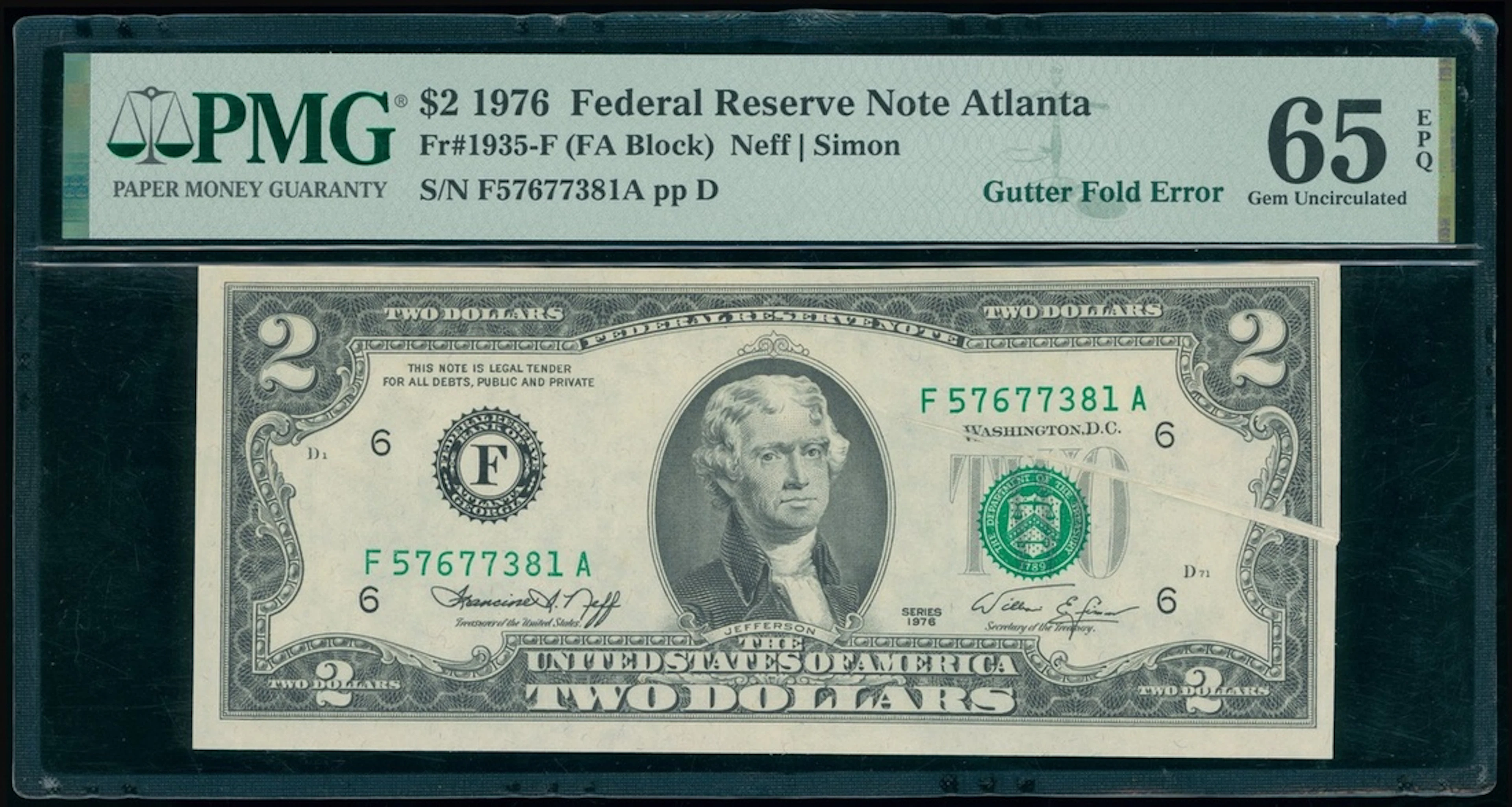 Federal Reserve Note Atlanta, USA, ERROR $2, 1976, serial number F57677381A