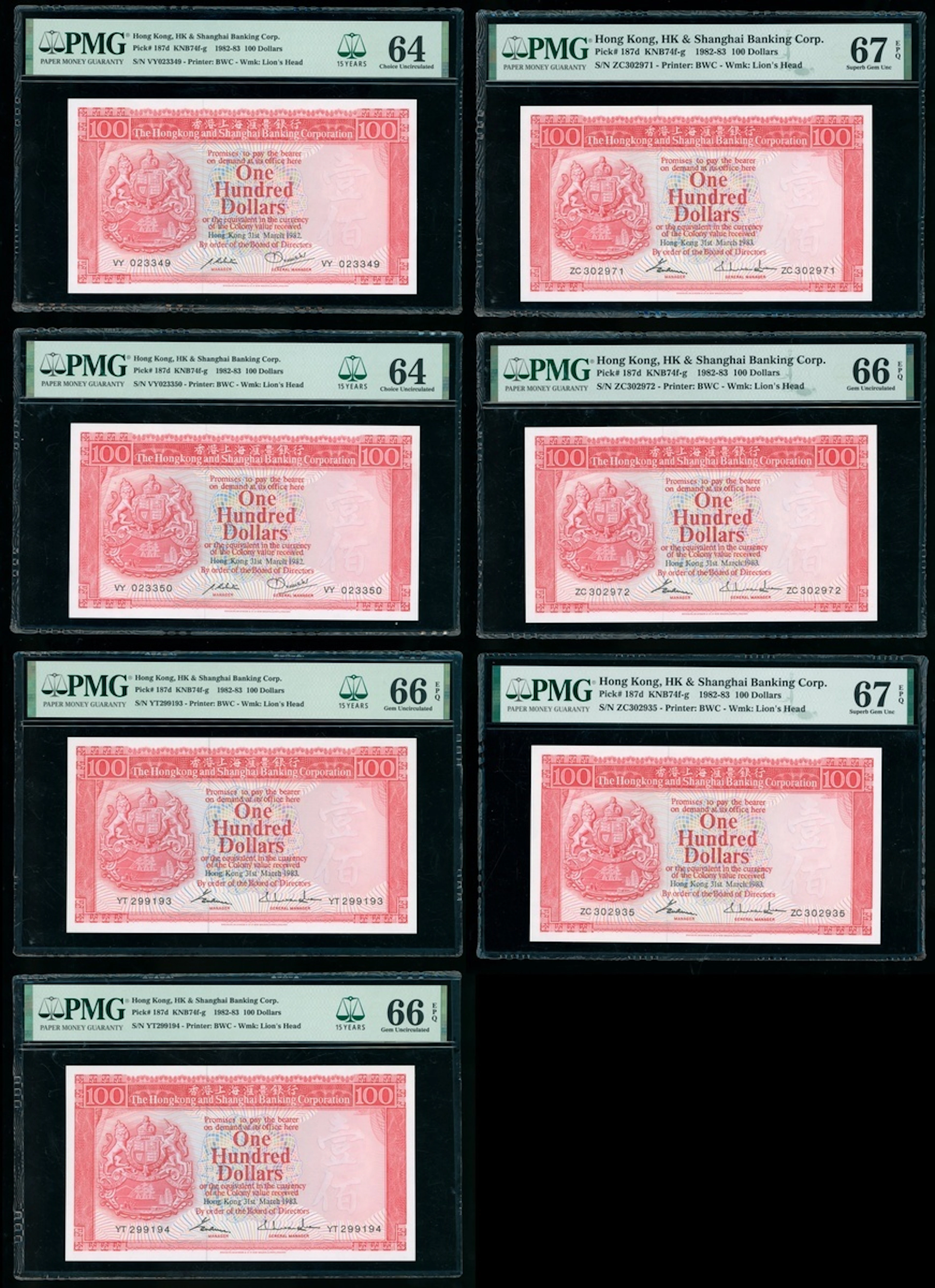 HongKong & Shanghai Banking Corporation, $100 (7), 1982, 1983, (Pick 187d)