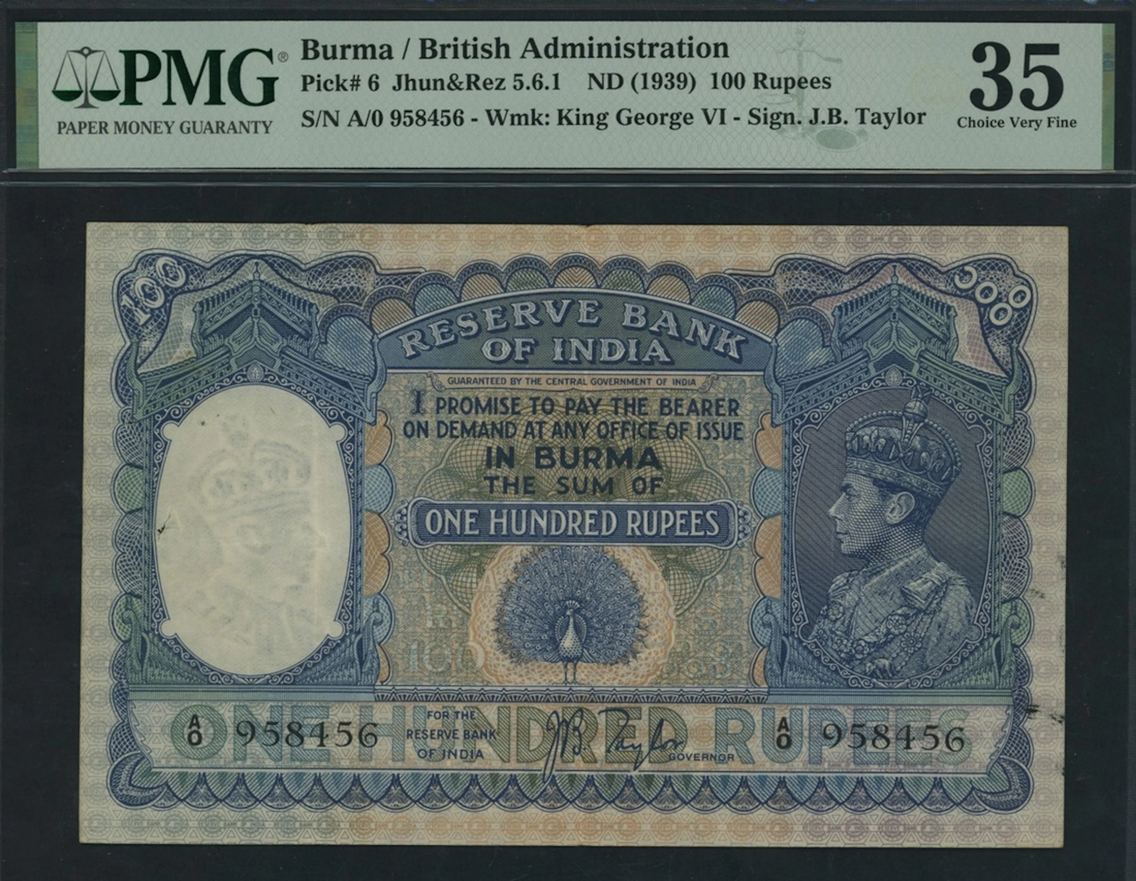 Reserve Bank of India, Burma, 100 Rupees, ND (1939), serial number