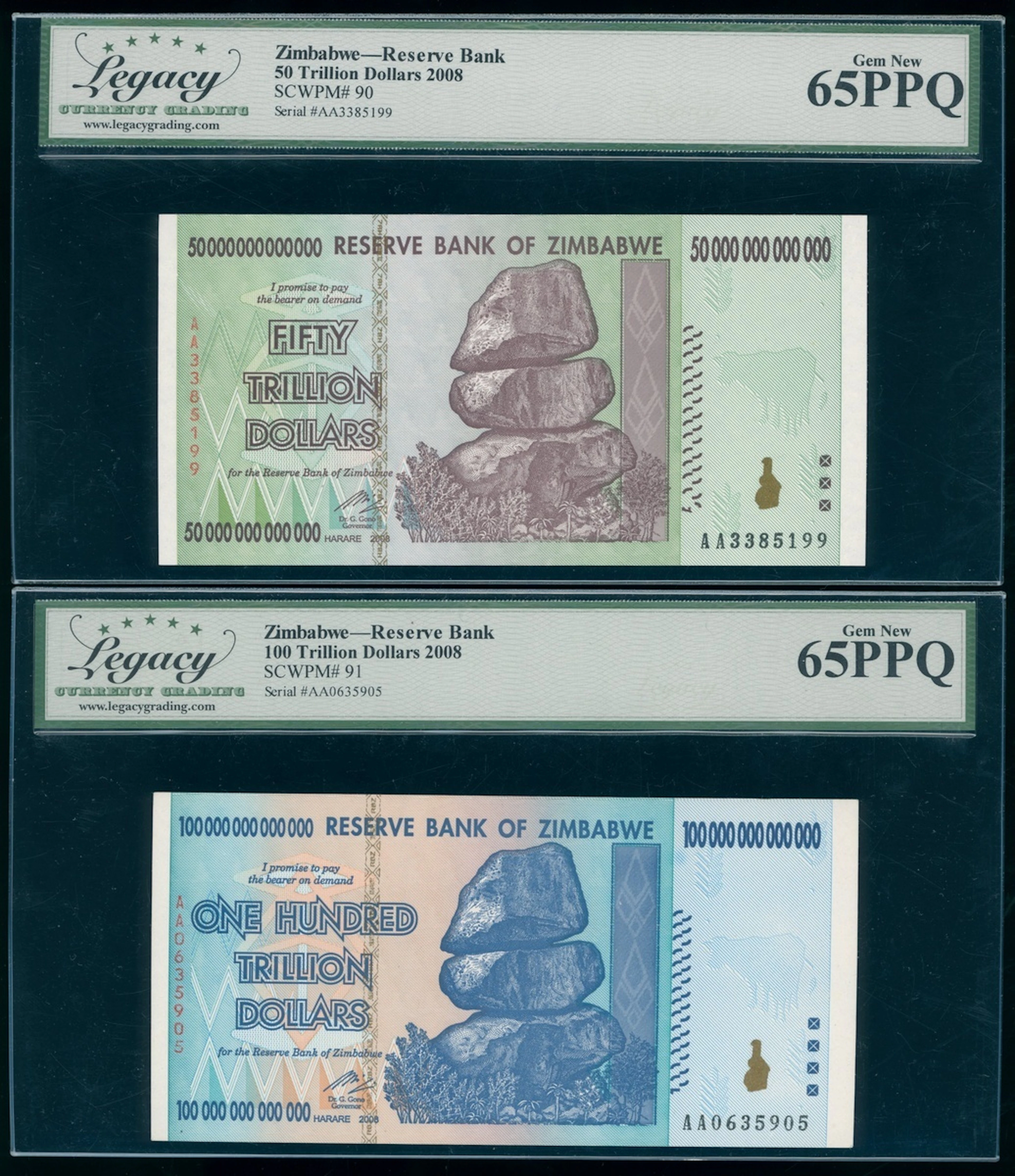 Reserve Bank of Zimbabwe, a pair, 2008, including 50 trillion and