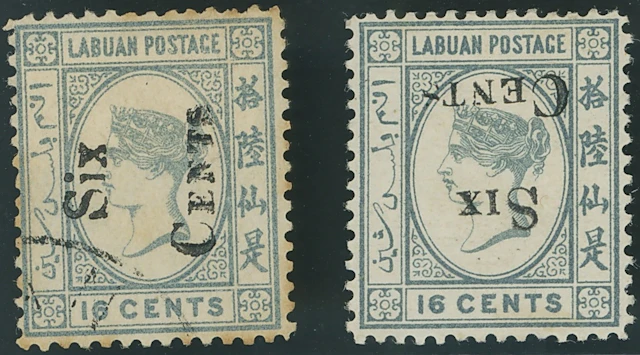 Labuan 1892 (Dec.) Surcharges 6c. on 16c. grey (3), one with variety