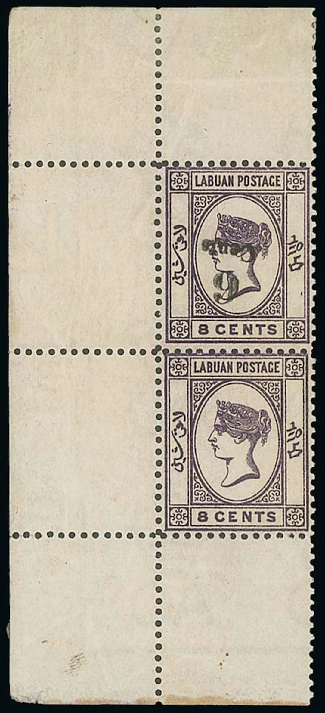 Labuan 1891-92 Surcharges 6c. on 8c. deep violet, a vertical pair