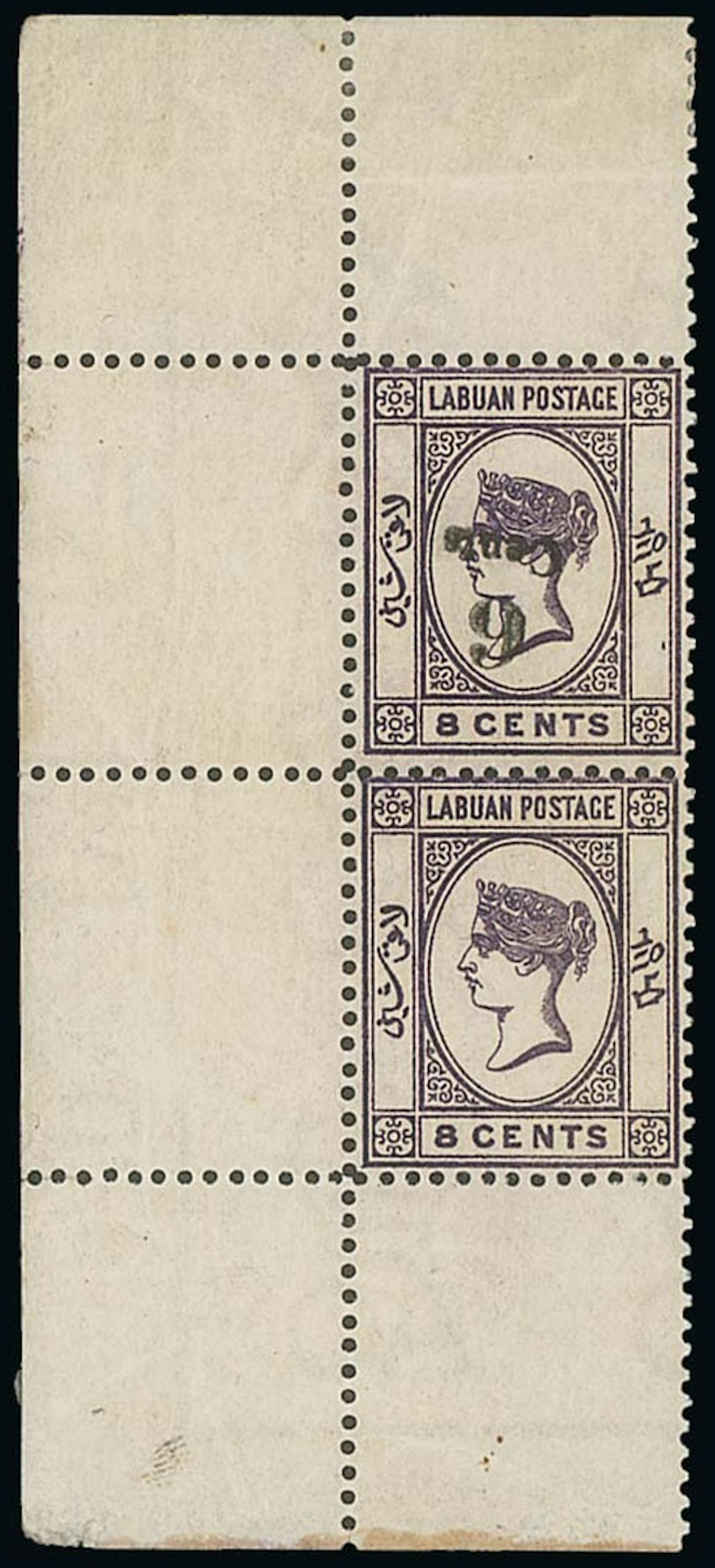 Labuan 1891-92 Surcharges 6c. on 8c. deep violet, a vertical pair