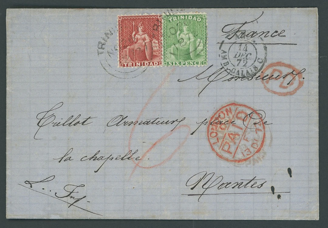 Trinidad Covers and Cancellations 1872 (26 Nov.) entire to Nantes