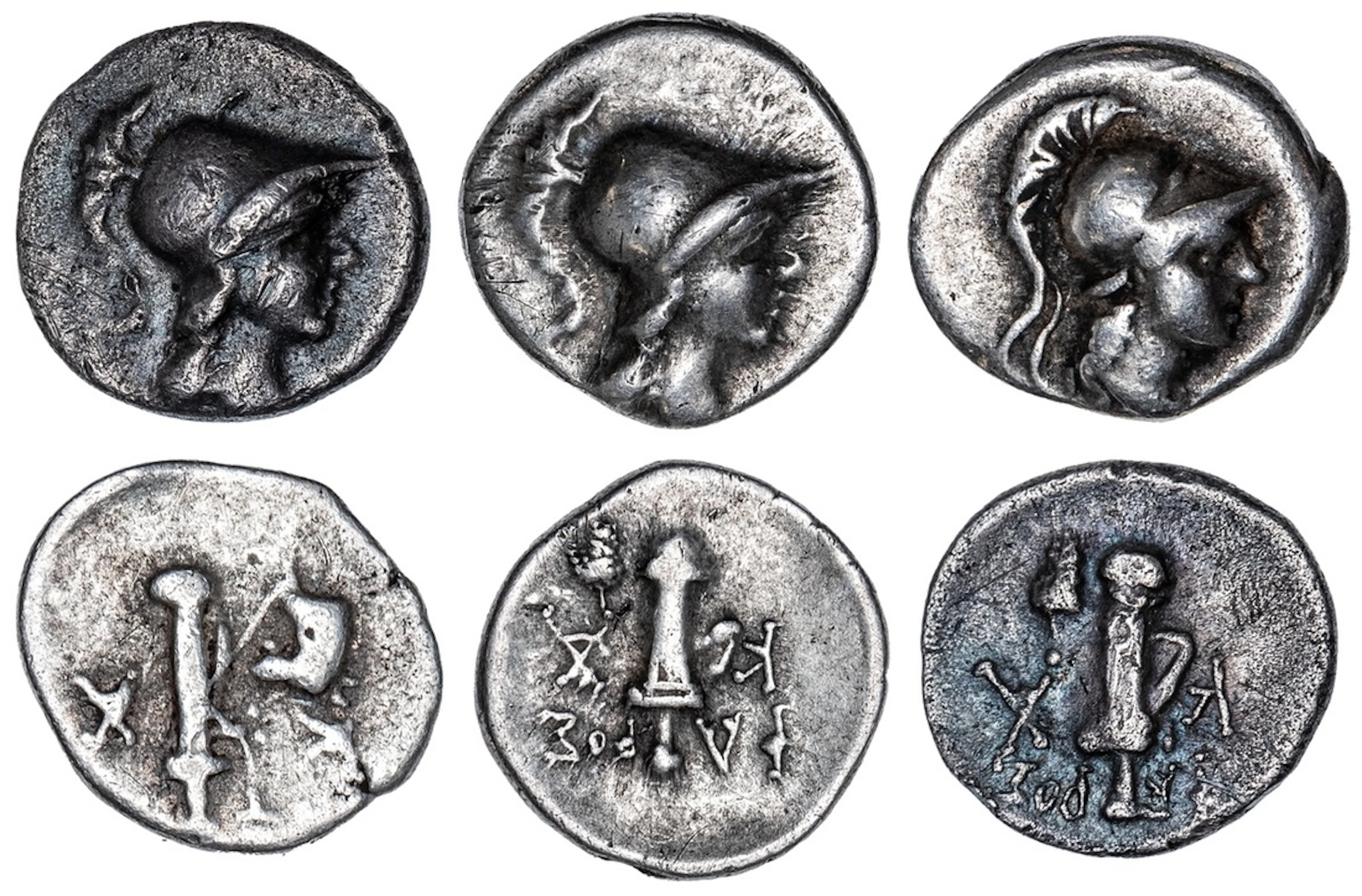 Caria, Kaunos, Trio of Hemidrachms, c. 166-100 BC (3): i) helmeted