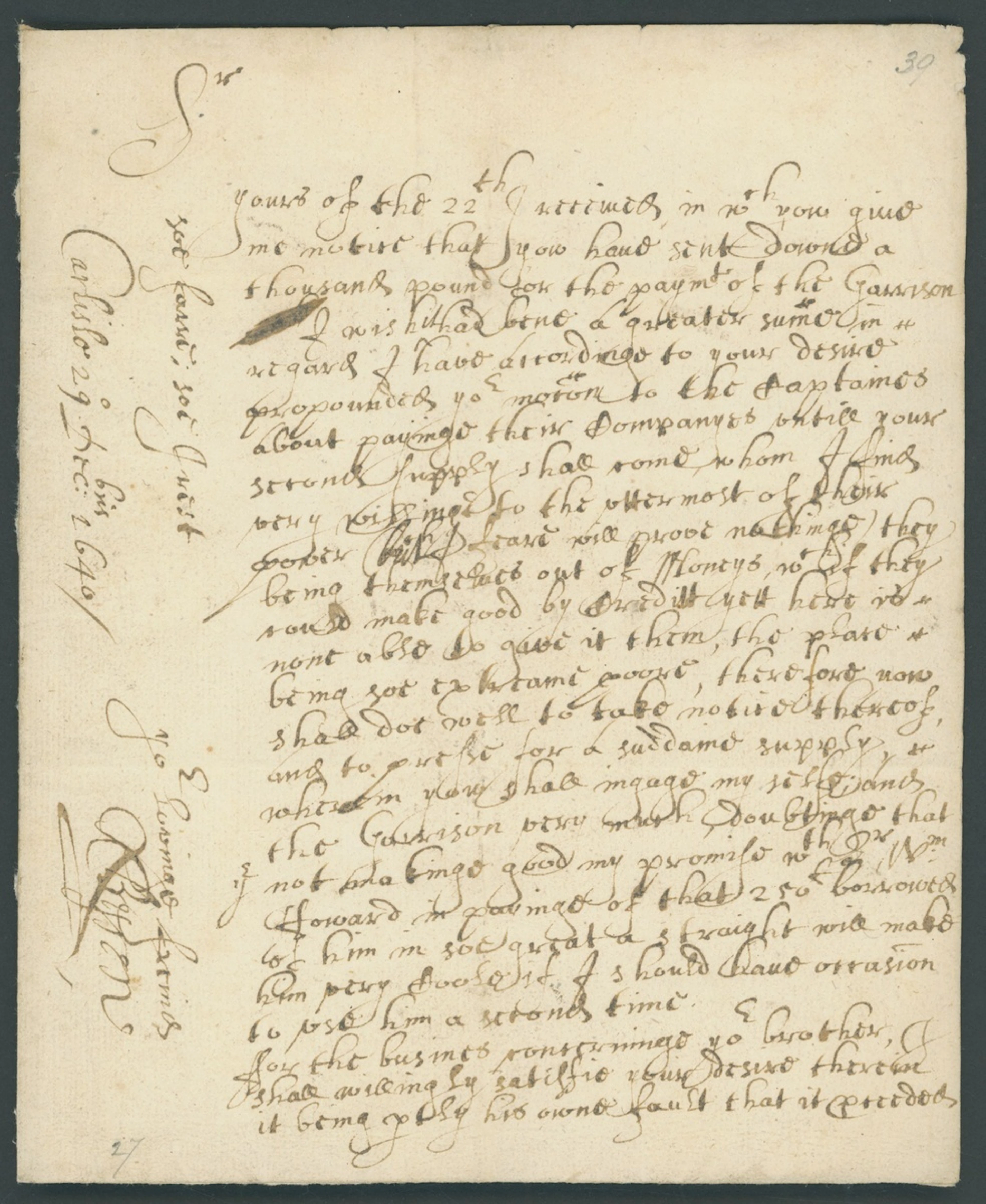 The Byron Family - Garrison of Carlisle Castle Two letters from Sir