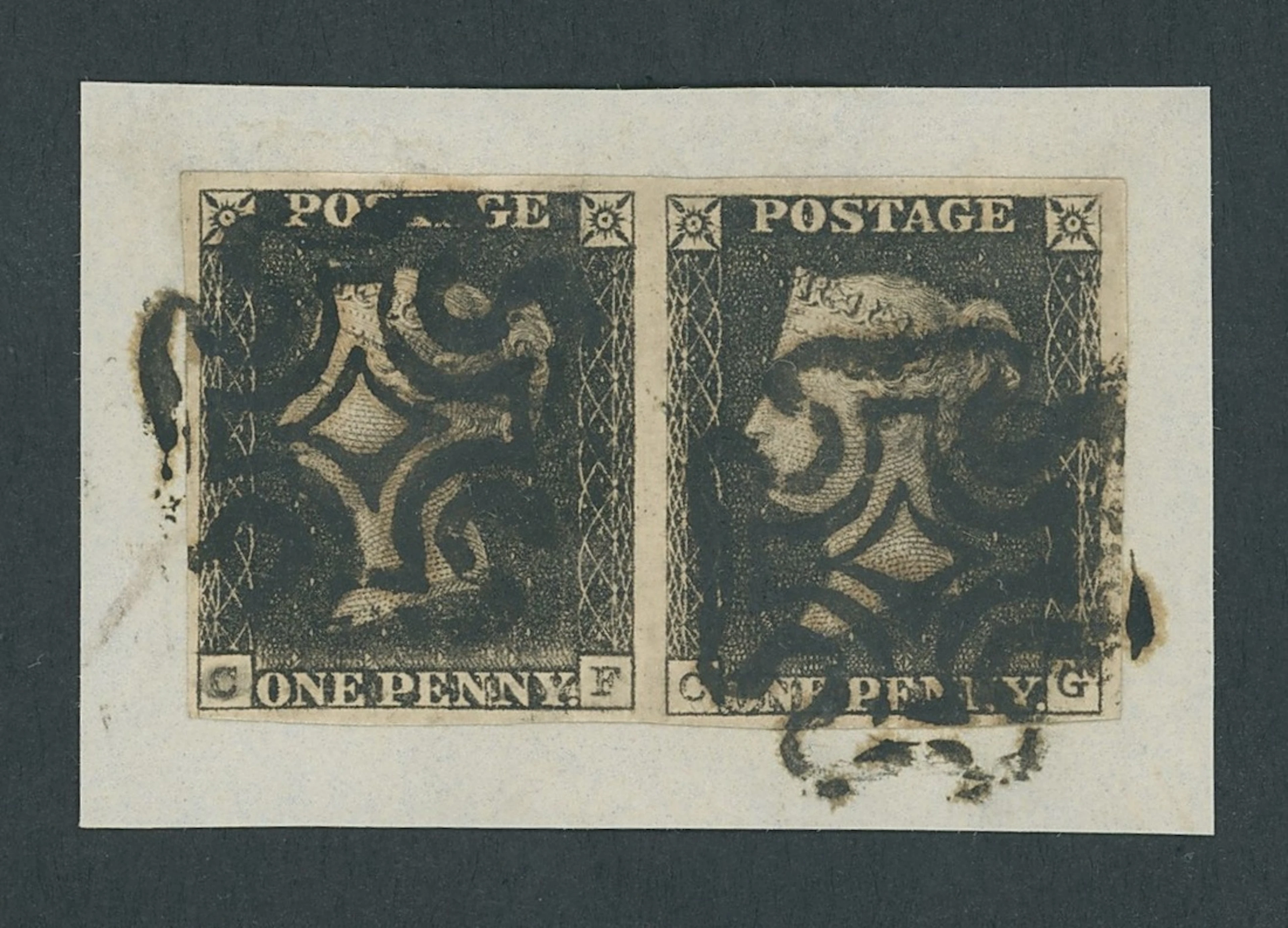 Great Britain 1840 One Penny Black Plate 1a CF-CG, horizontal pair