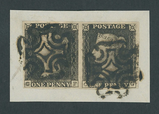Great Britain 1840 One Penny Black Plate 1a CF-CG, horizontal pair
