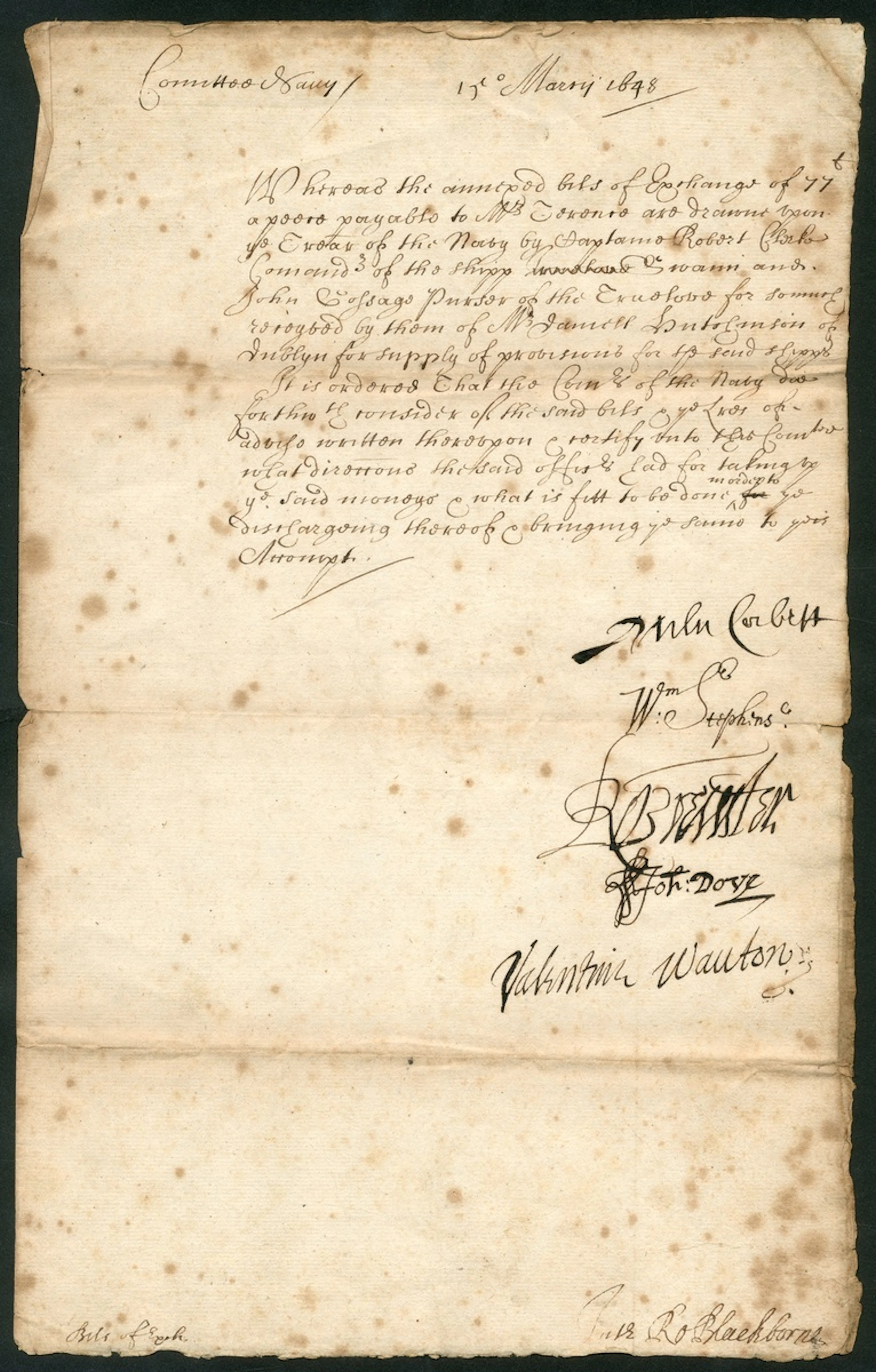 Parliamentary Navy - Three Regicides 1648 (15 March) warrant to the