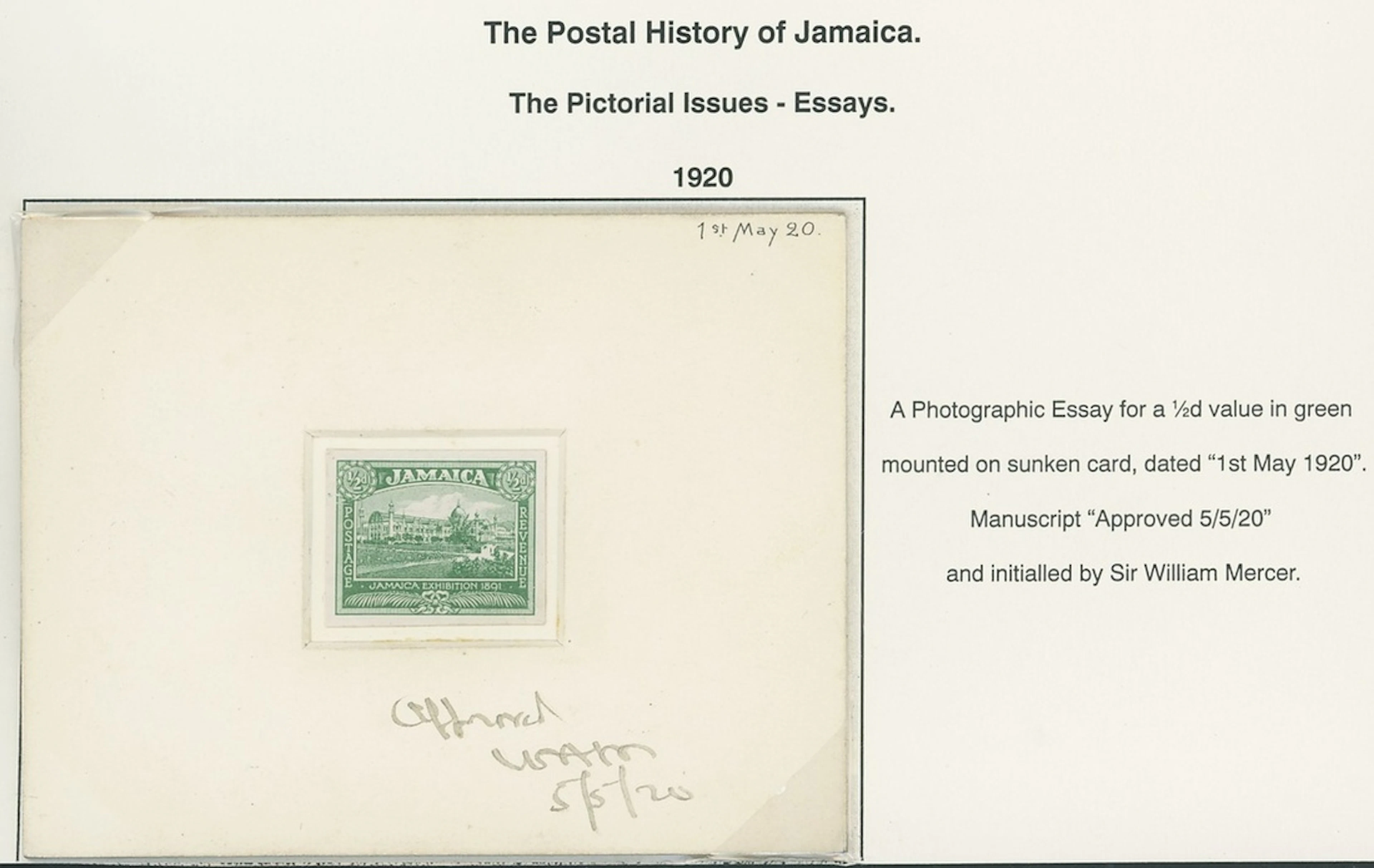 Jamaica 1919-21 Pictorial Issue Essays ½d. photographic essay in green