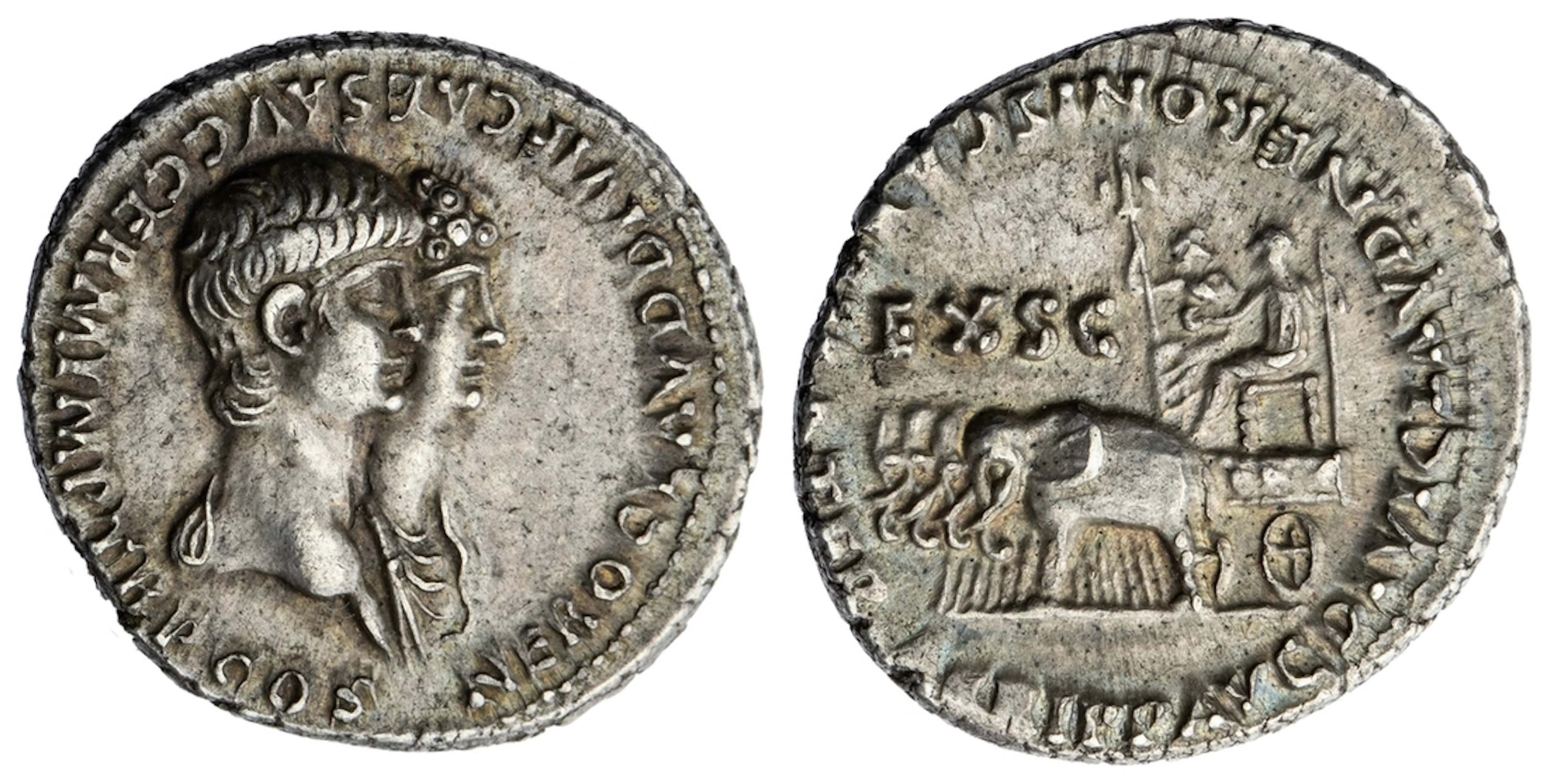 Roman Empire, Agrippina the Younger and Nero, AR Denarius, Lyon, struck