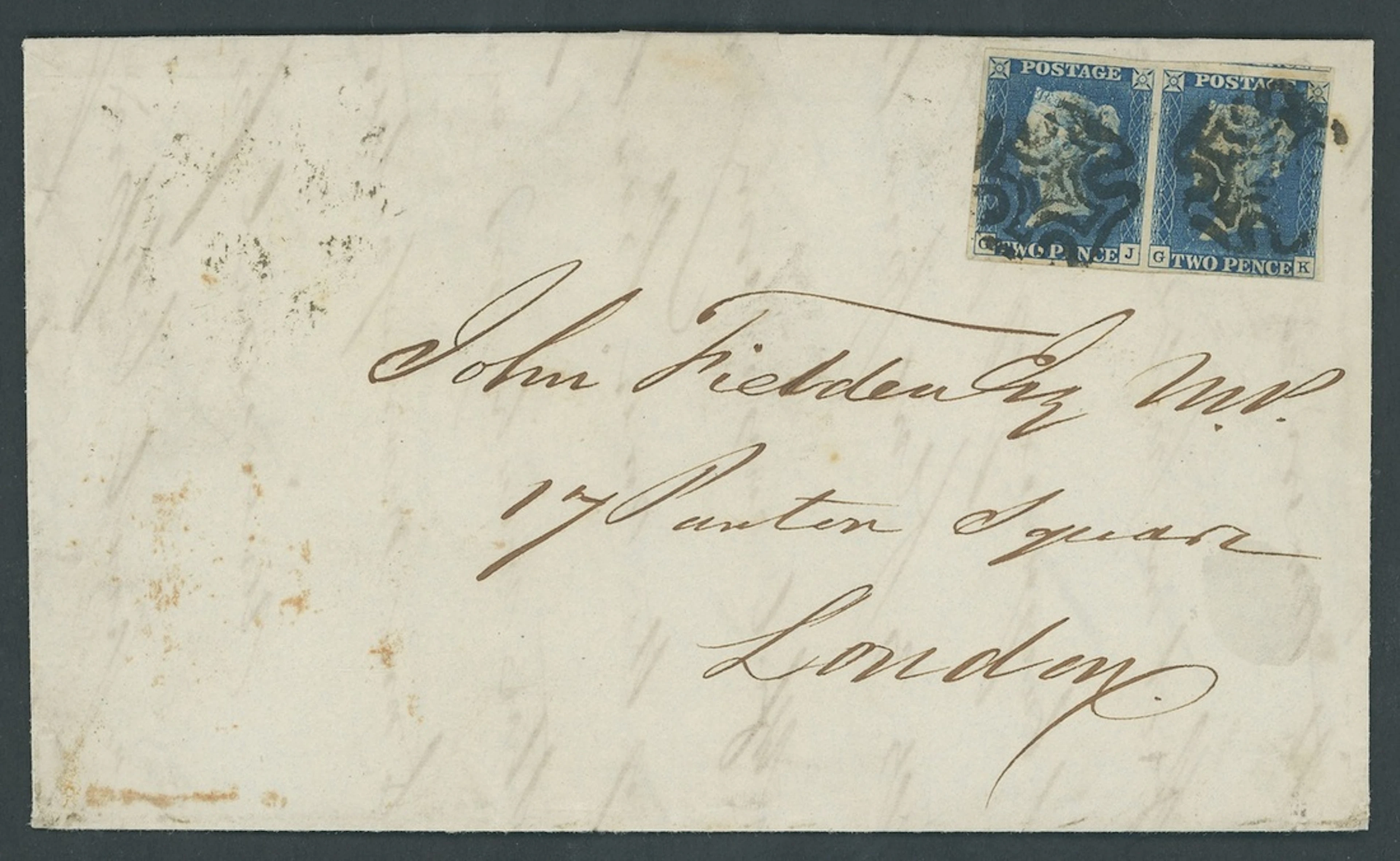 Great Britain 1840 Two Pence Blue Plate 1 GJ-GK, horizontal pair