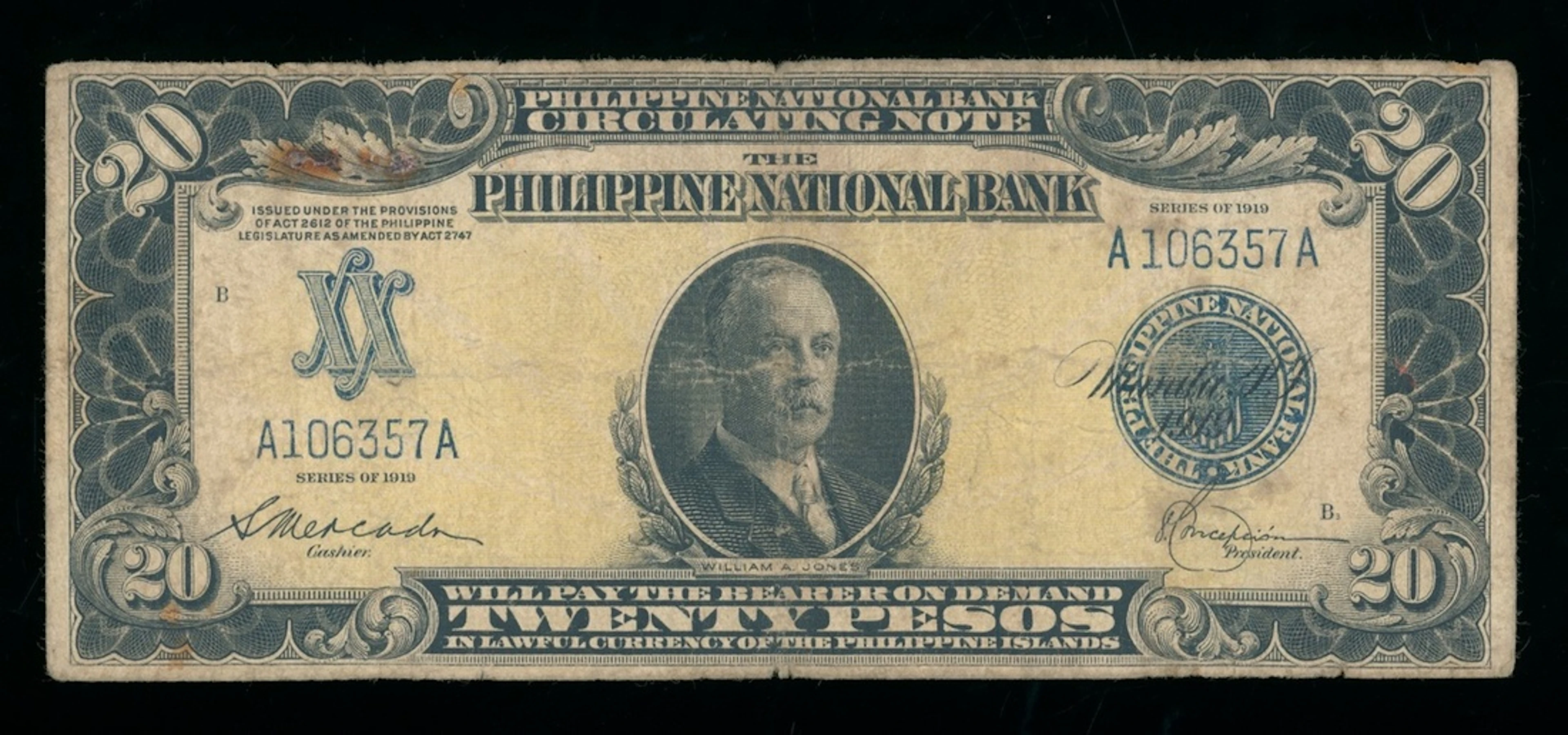 Philippines National Bank, 20 pesos, 1919, serial number A106357A, (Pick 48)