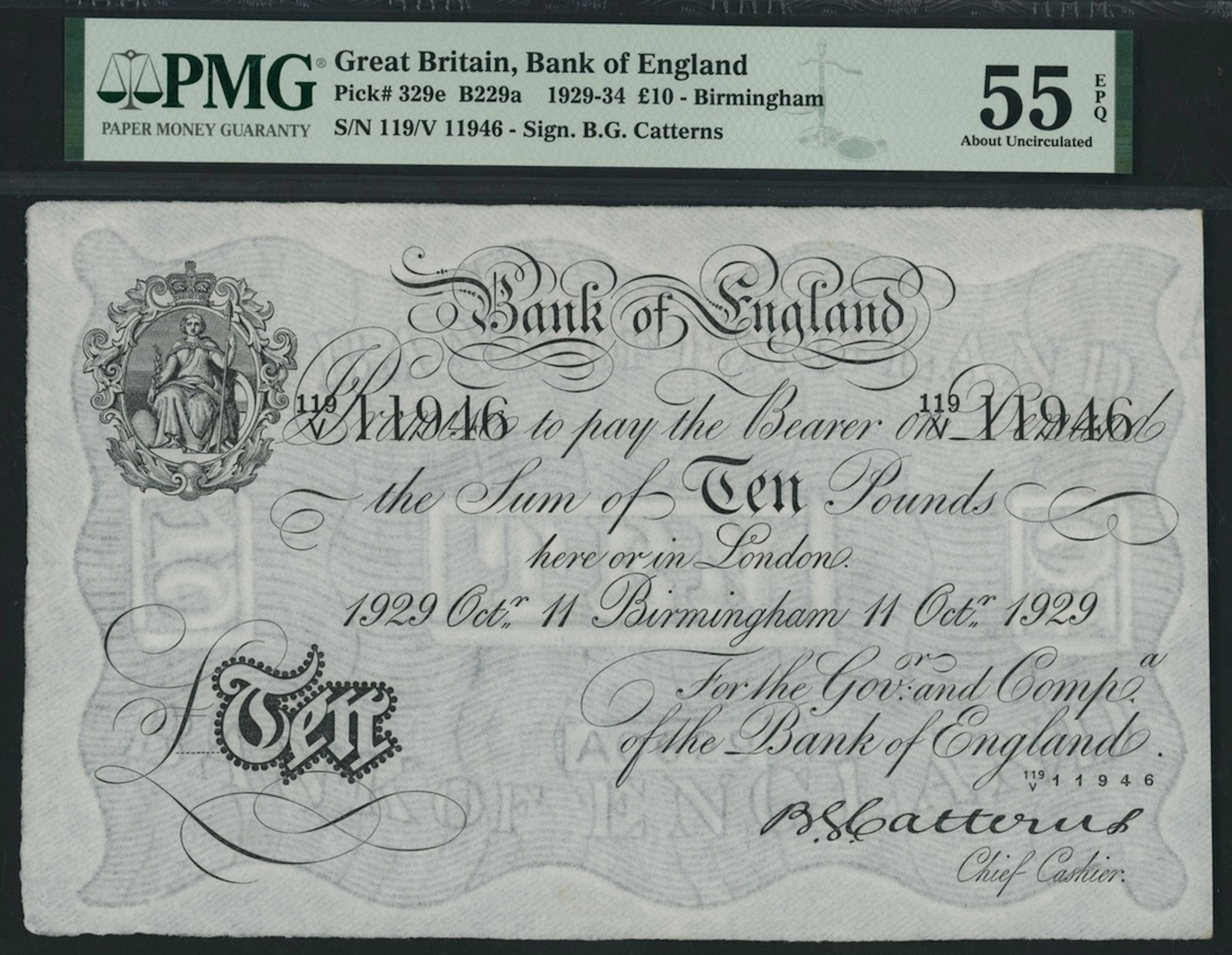 Bank of England, B. G. Catterns, £10, Birmingham, 11th October 1929