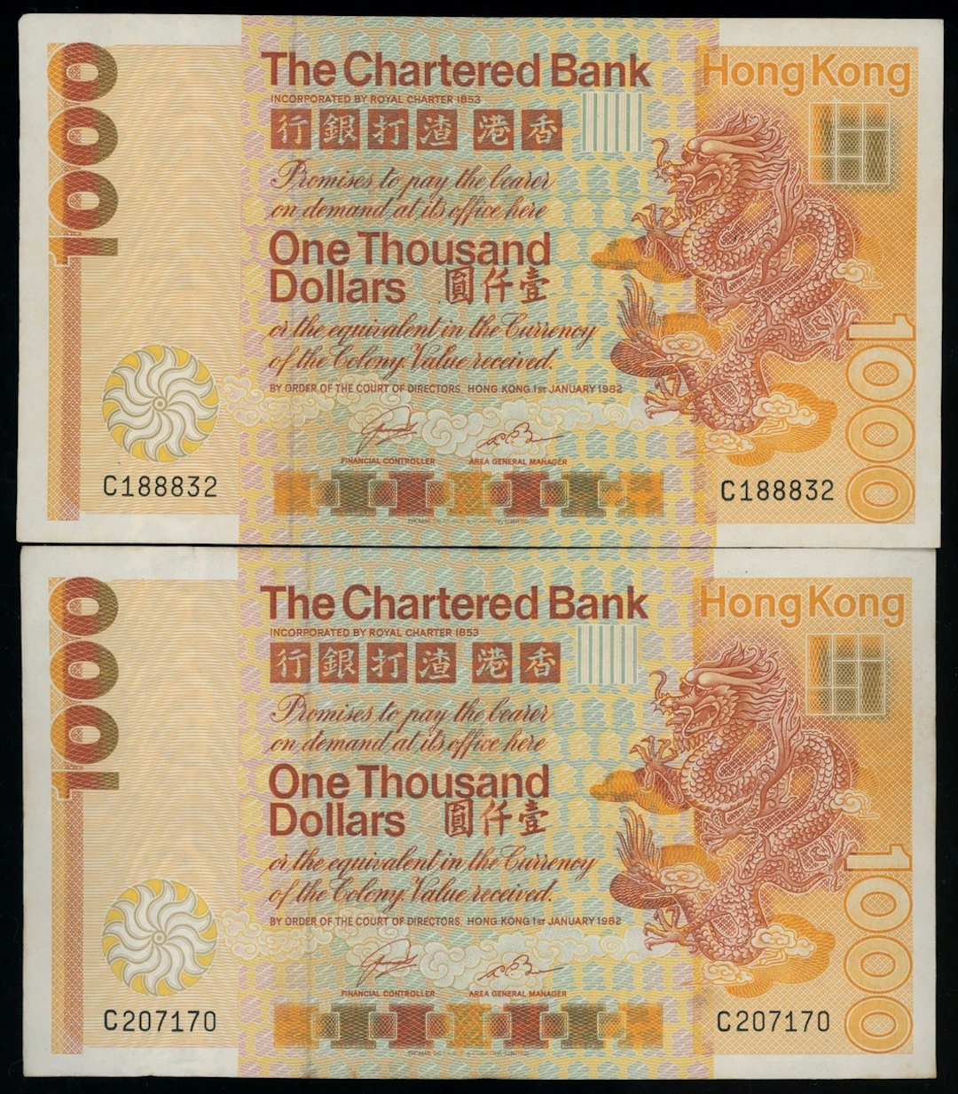 Chartered Bank, Hong Kong, $1000 (2), 1982, serial numbers C188832