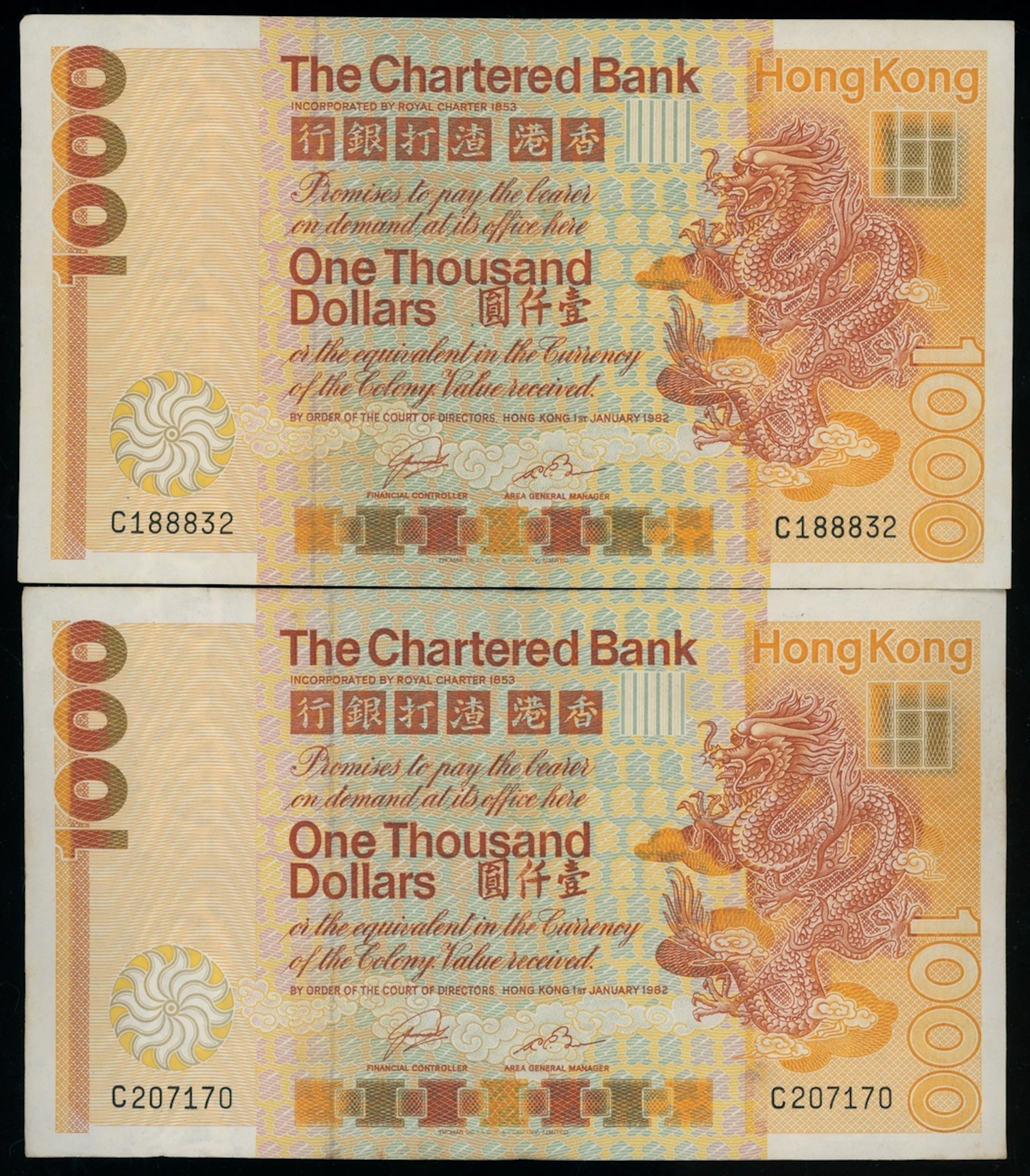 Chartered Bank, Hong Kong, $1000 (2), 1982, serial numbers C188832