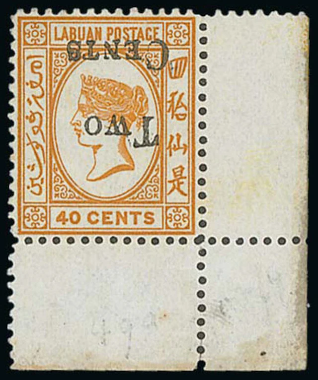Labuan 1892 (Dec.) Surcharges 2c. on 40c. ochre, a lower right corner