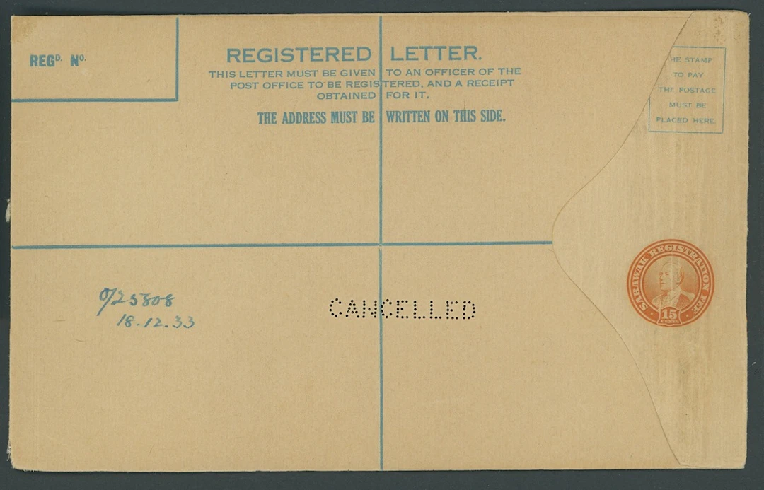 Sarawak Postal Stationery Registered Envelopes 1934 15c. Size H perforated