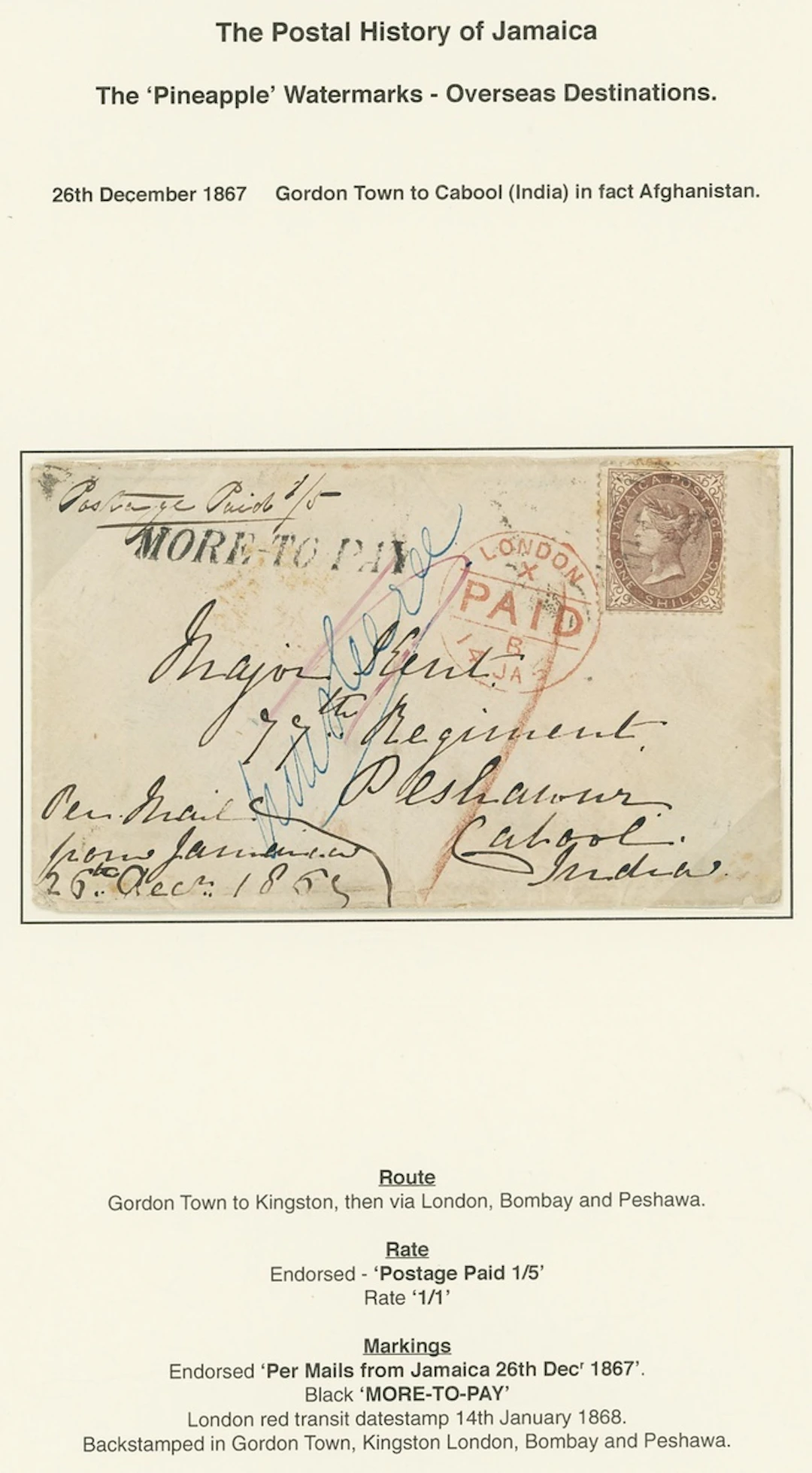 Jamaica Covers and Cancellations "A42" 1867 (26 Dec.) envelope ex
