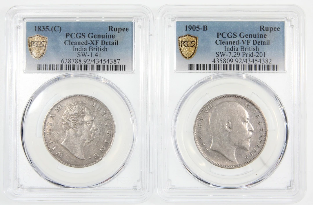 India, a pair of silver rupee, 1835(C) and 1905-B, (SW-1.41 and SW-7.29)