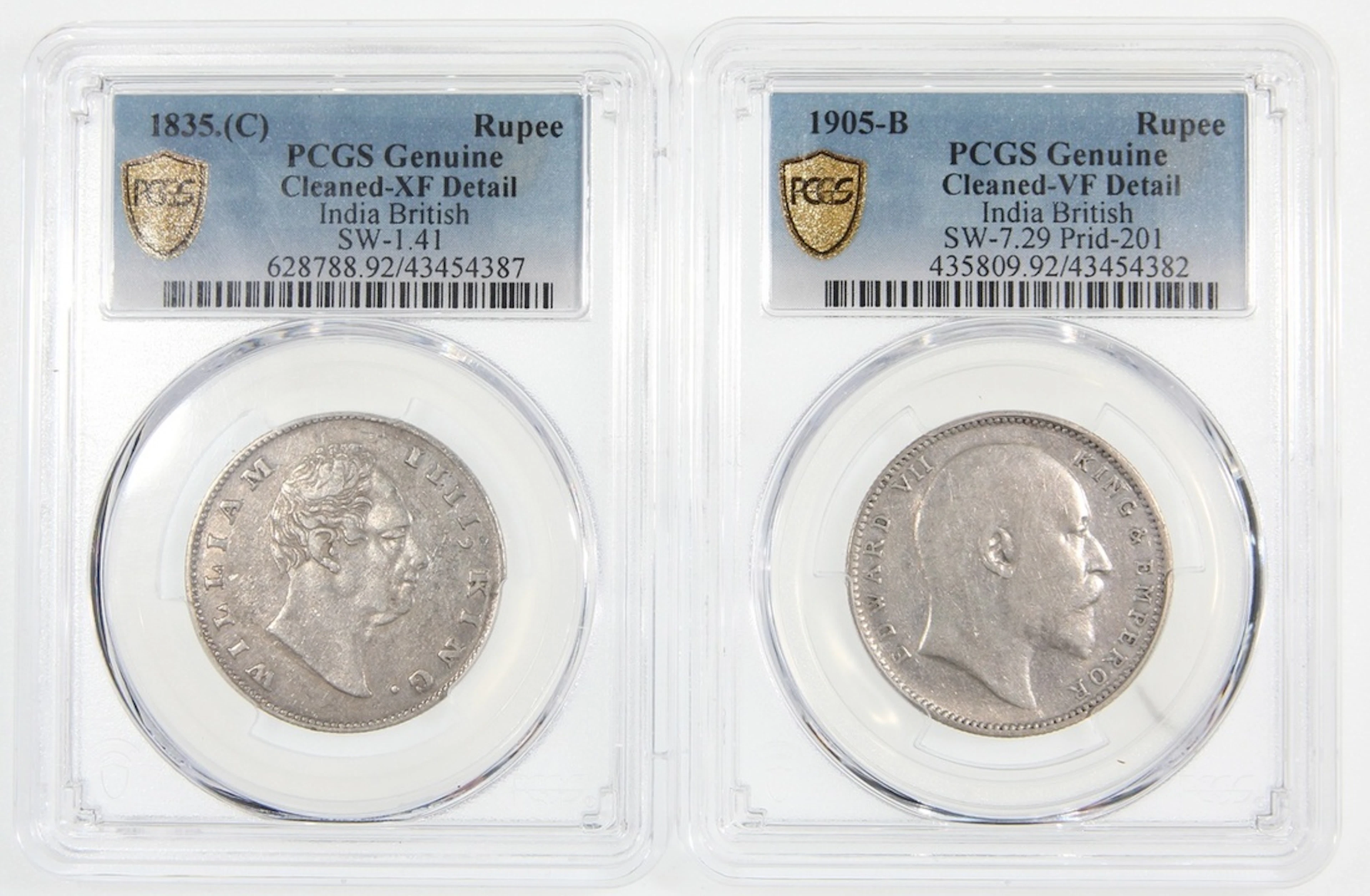 India, a pair of silver rupee, 1835(C) and 1905-B, (SW-1.41 and SW-7.29)