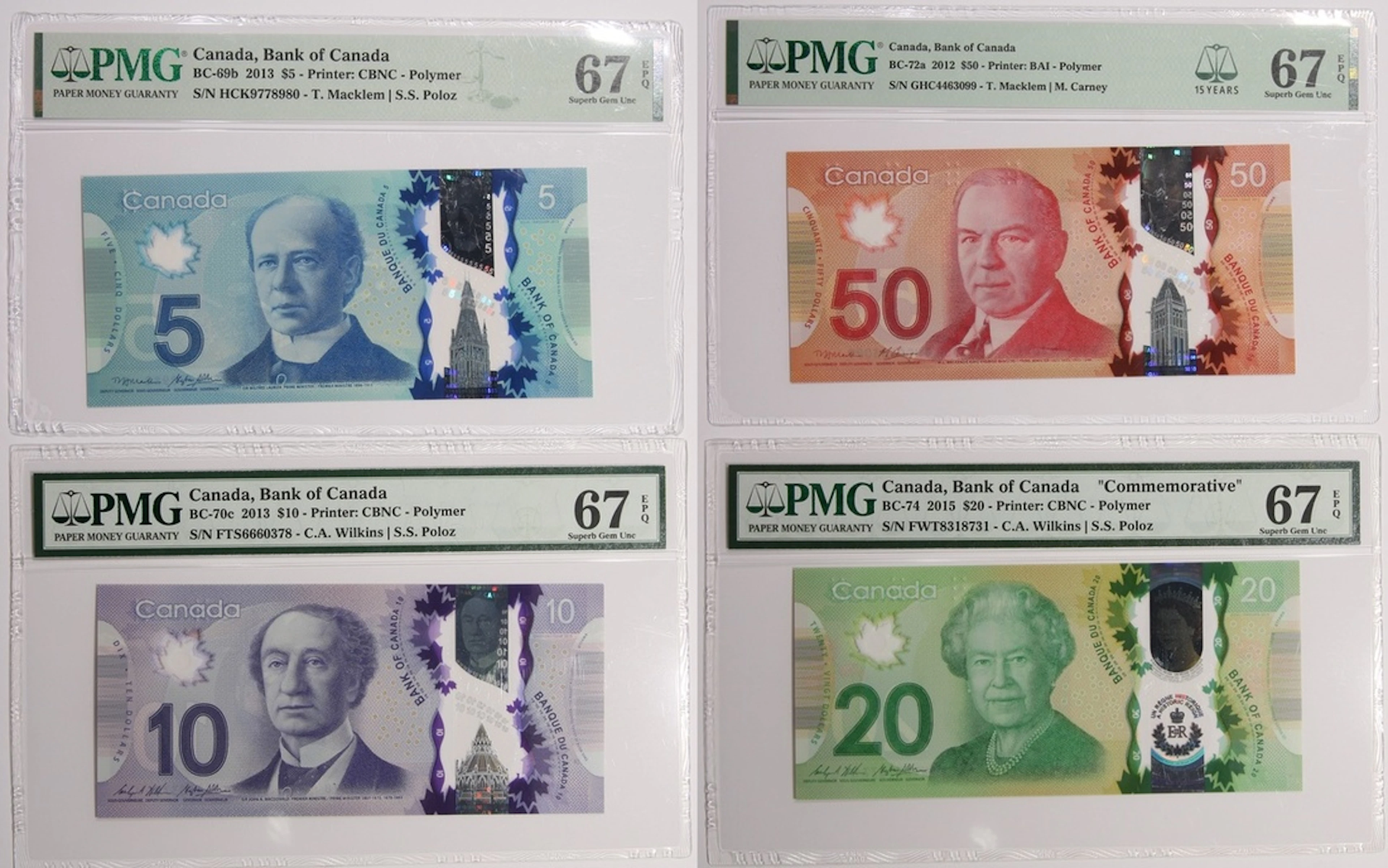 Bank of Canada, a group of 4x 2012-15 issue, including $5, $10 $20 and $50