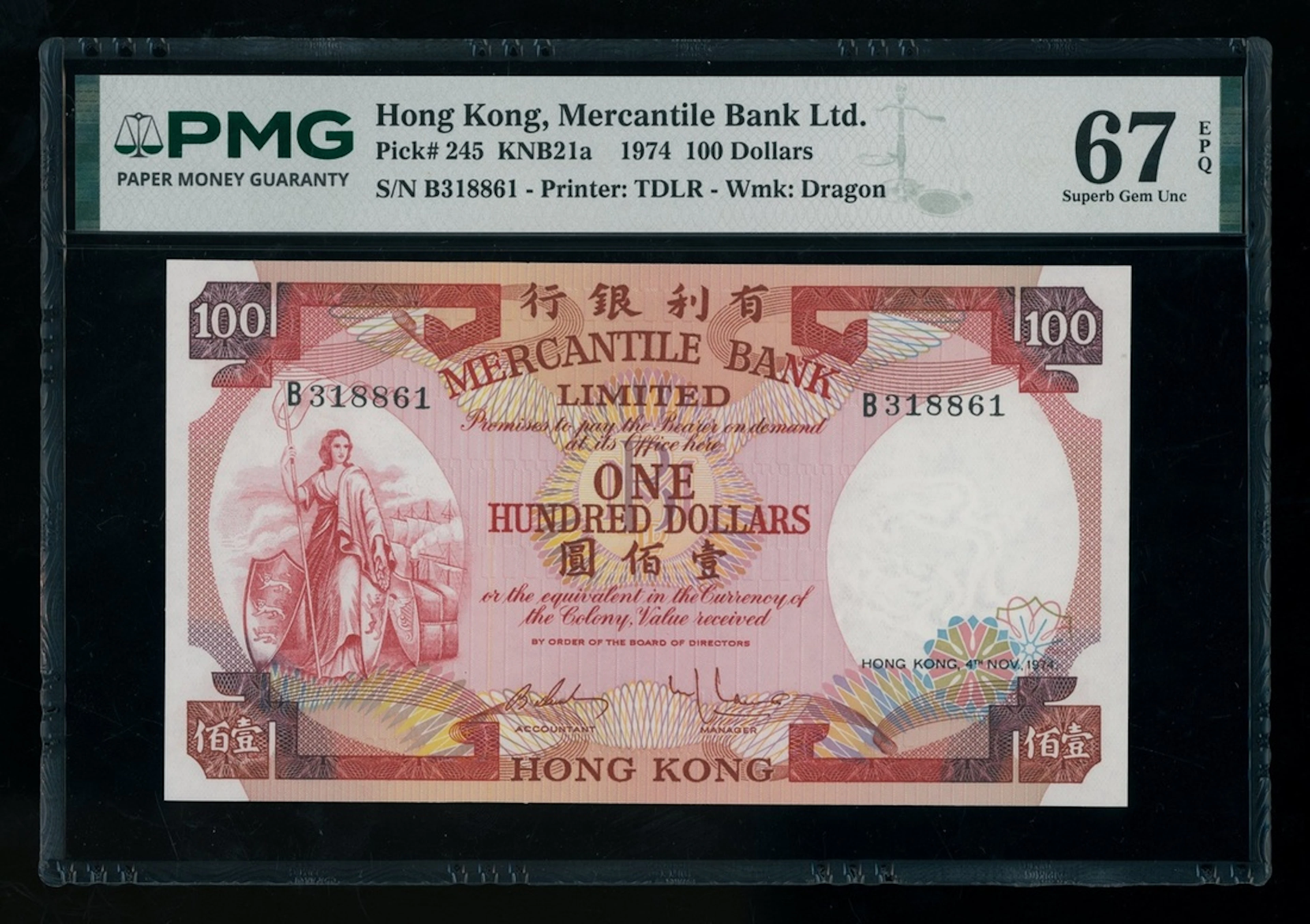 Mercantile Bank, Hong Kong, $100, 4.11.1974, serial number B318861, (Pick 245)