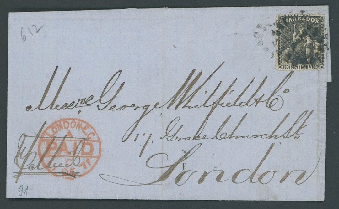 Barbados Britannia Issues Covers 1871 (25 Nov.) entire to London