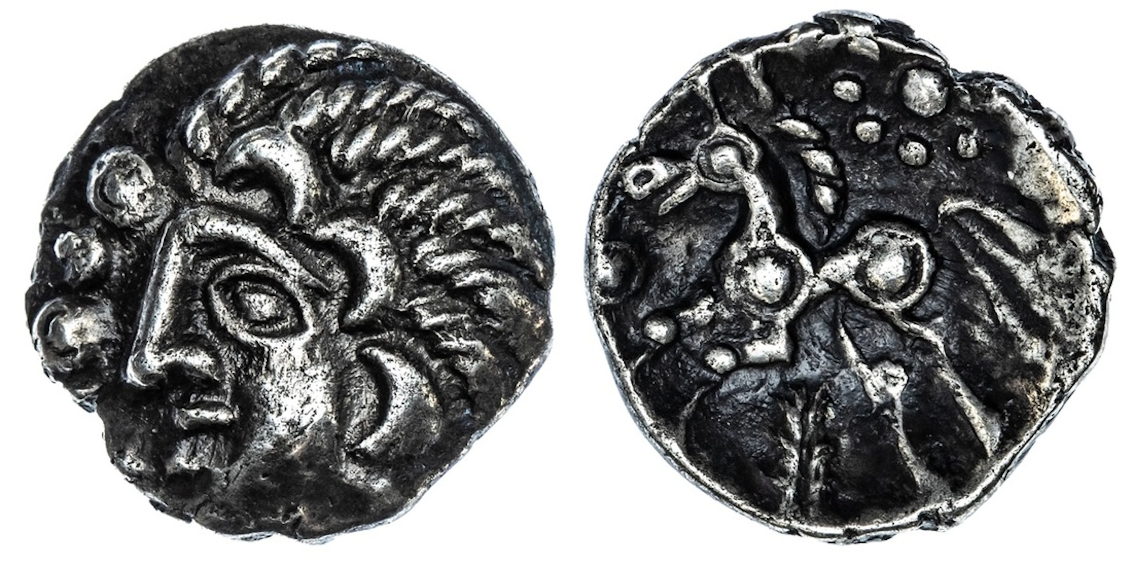 Catuvellauni (60-20 BC), AR Unit, 'Amersham Moon Man' Type, bust facing
