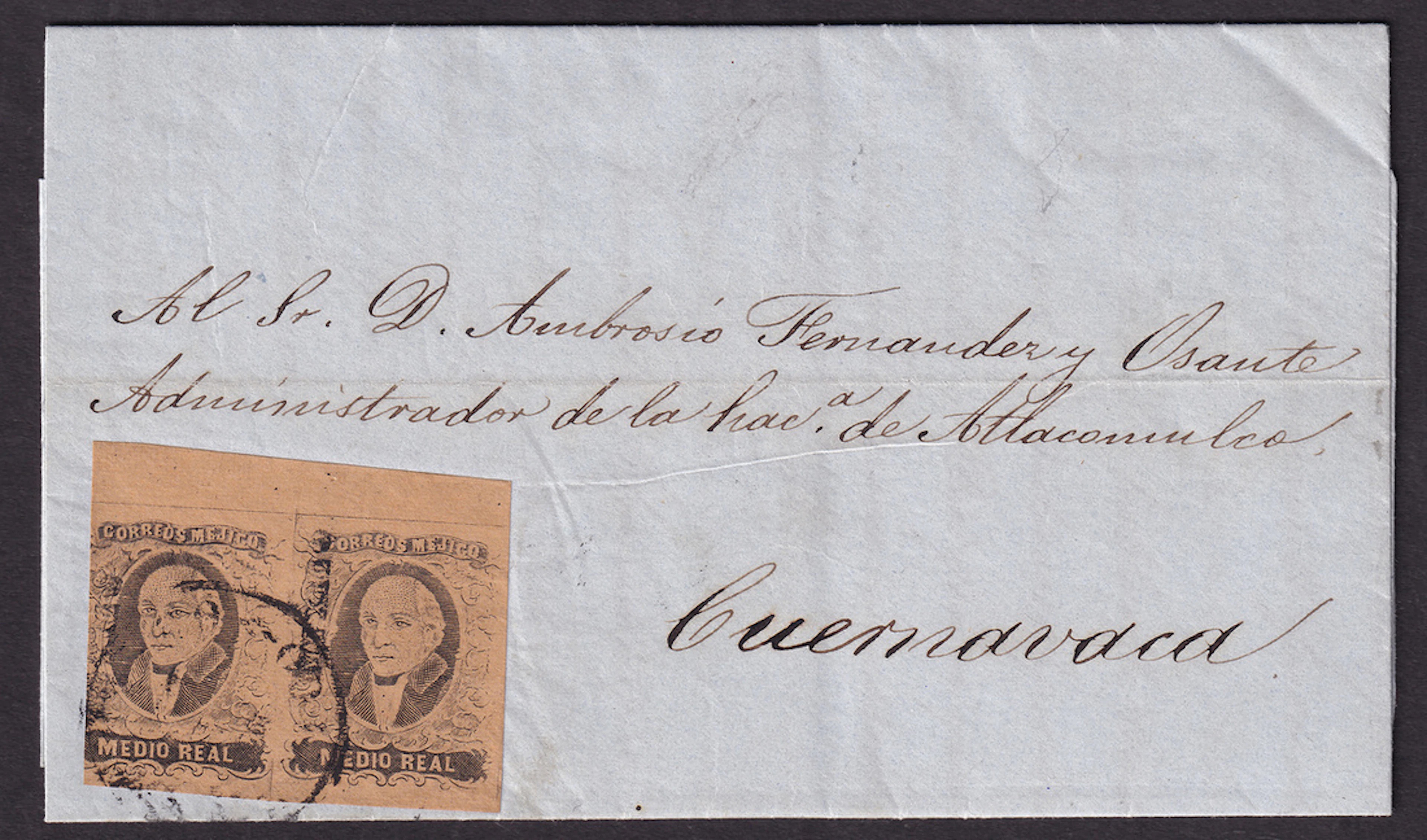 1861 "Hidalgos" Mexico District. ½r. Black on Brown, pair, jumbo margins