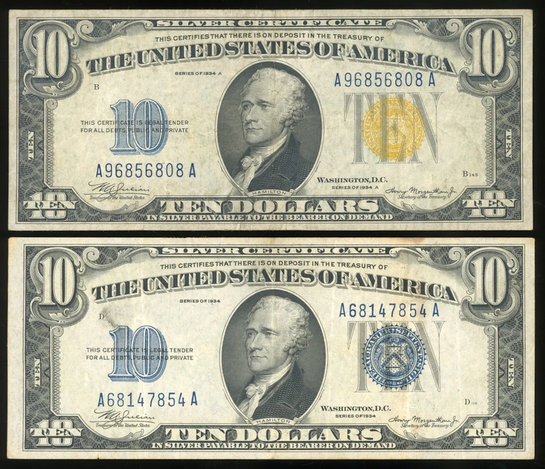 United States, Silver Certificate, $10 (2), 1934 and 1934A, serial