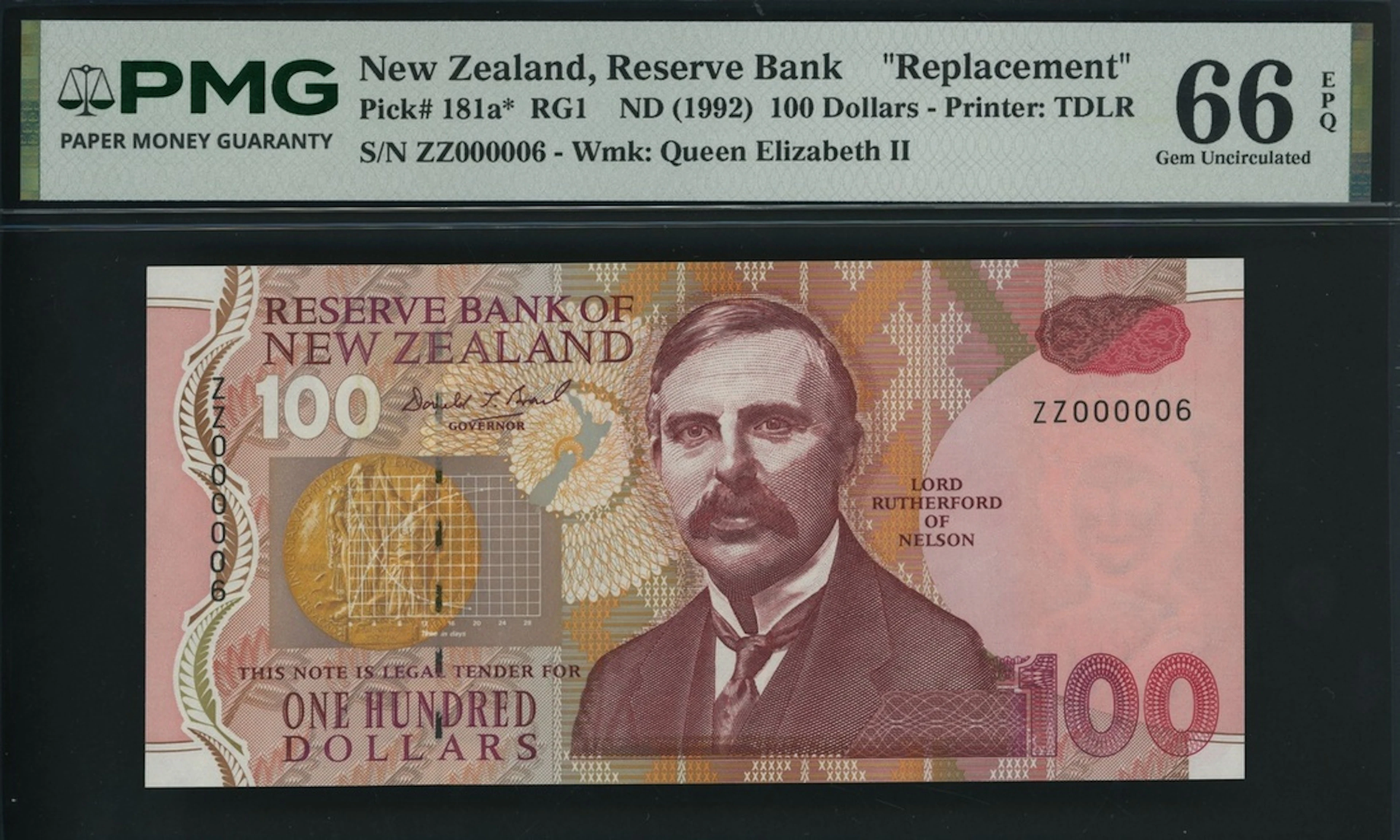 Reserve Bank of New Zealand, replacement 100 Dollars, ND (1992), serial