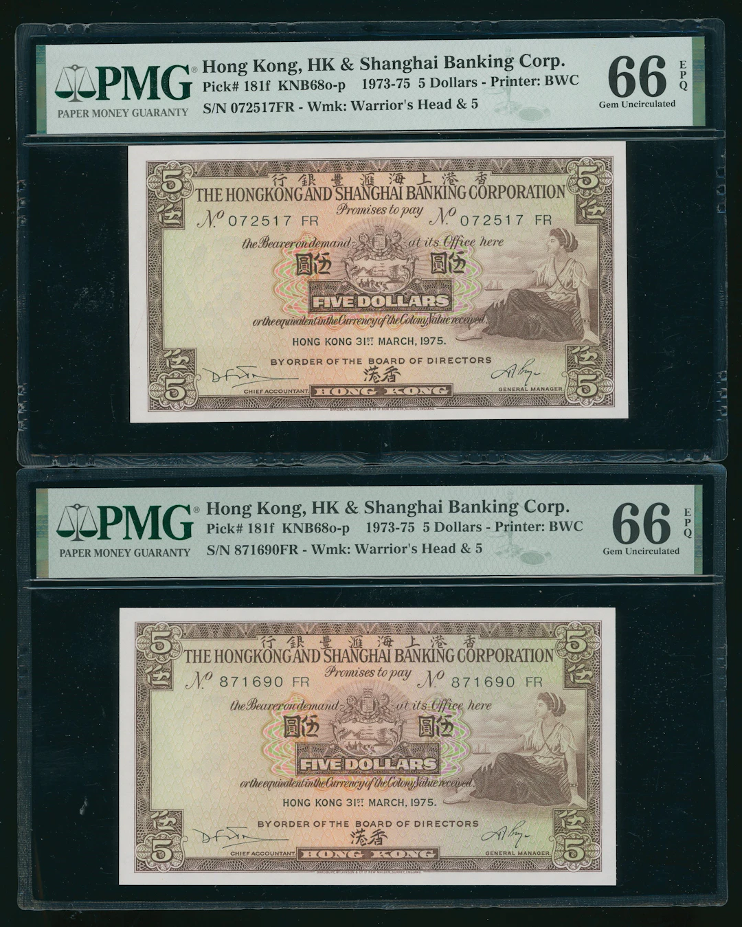 Hongkong & Shanghai Banking Corporation, a trio of $5, 31.3.1975
