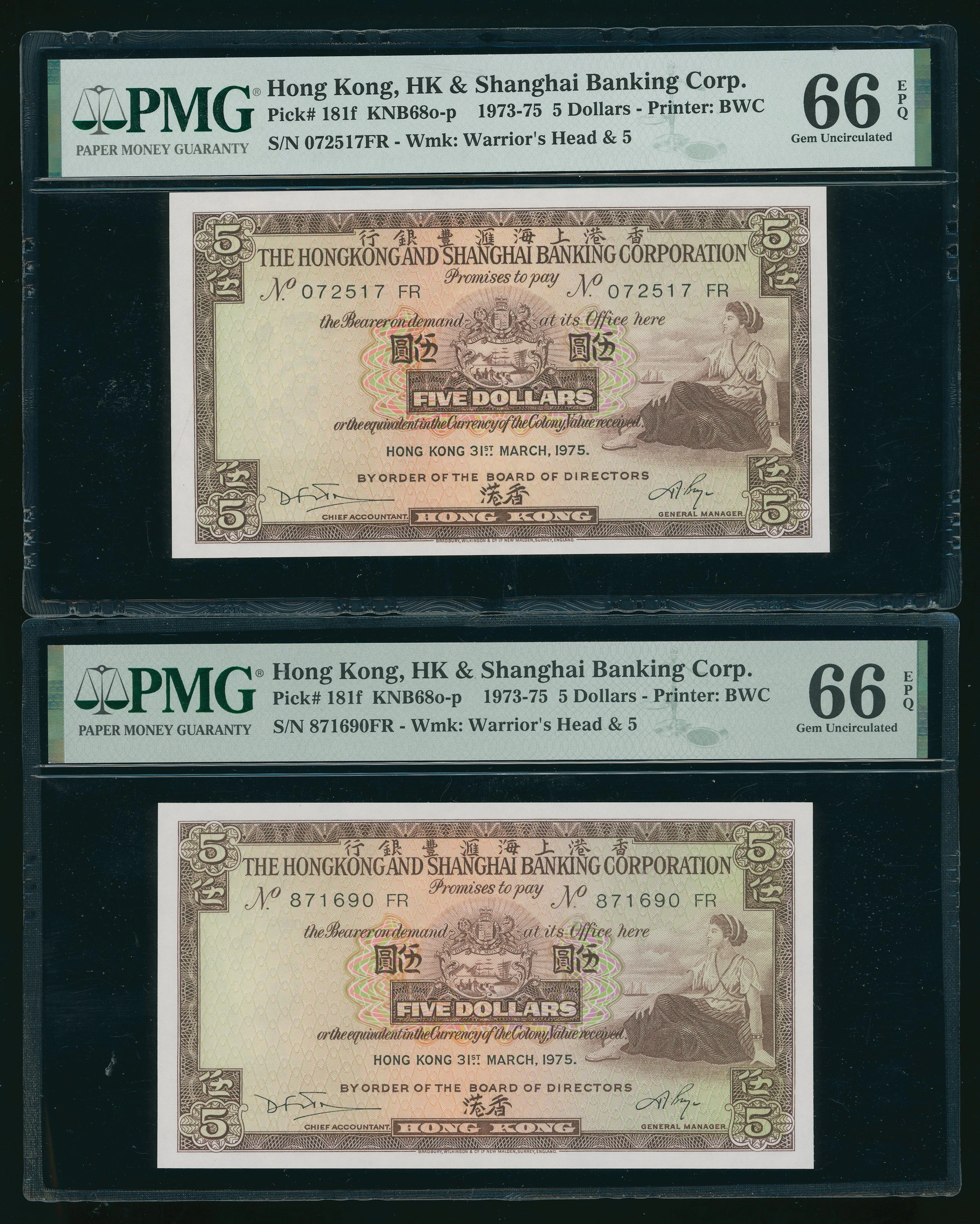 Hongkong & Shanghai Banking Corporation, a trio of $5, 31.3.1975