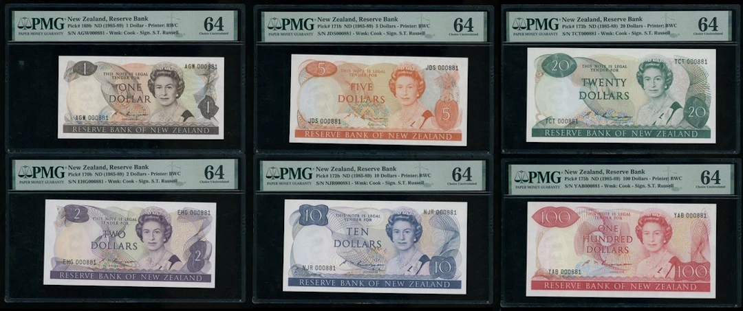 Reserve Bank of New Zealand, a matching serial number 000881 set