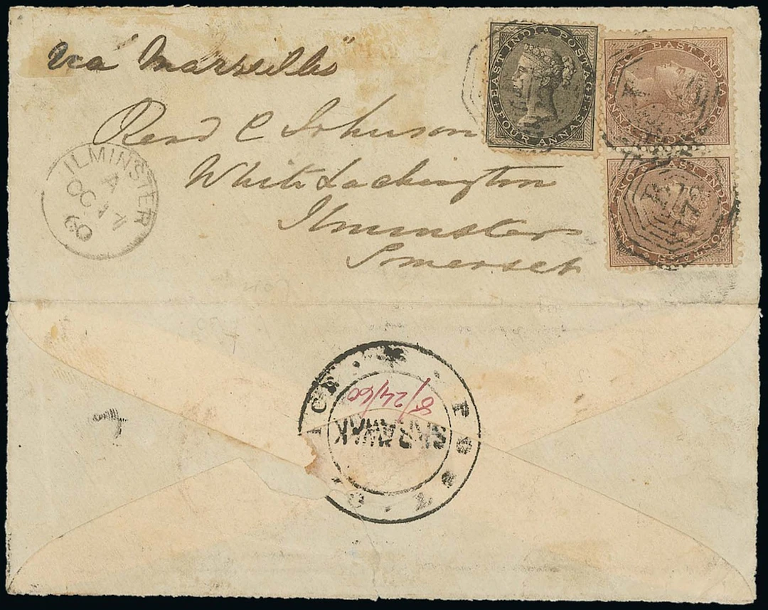 Sarawak "post office/sarawak" Handstamp 1860 (24 Aug.) envelope (opened-out