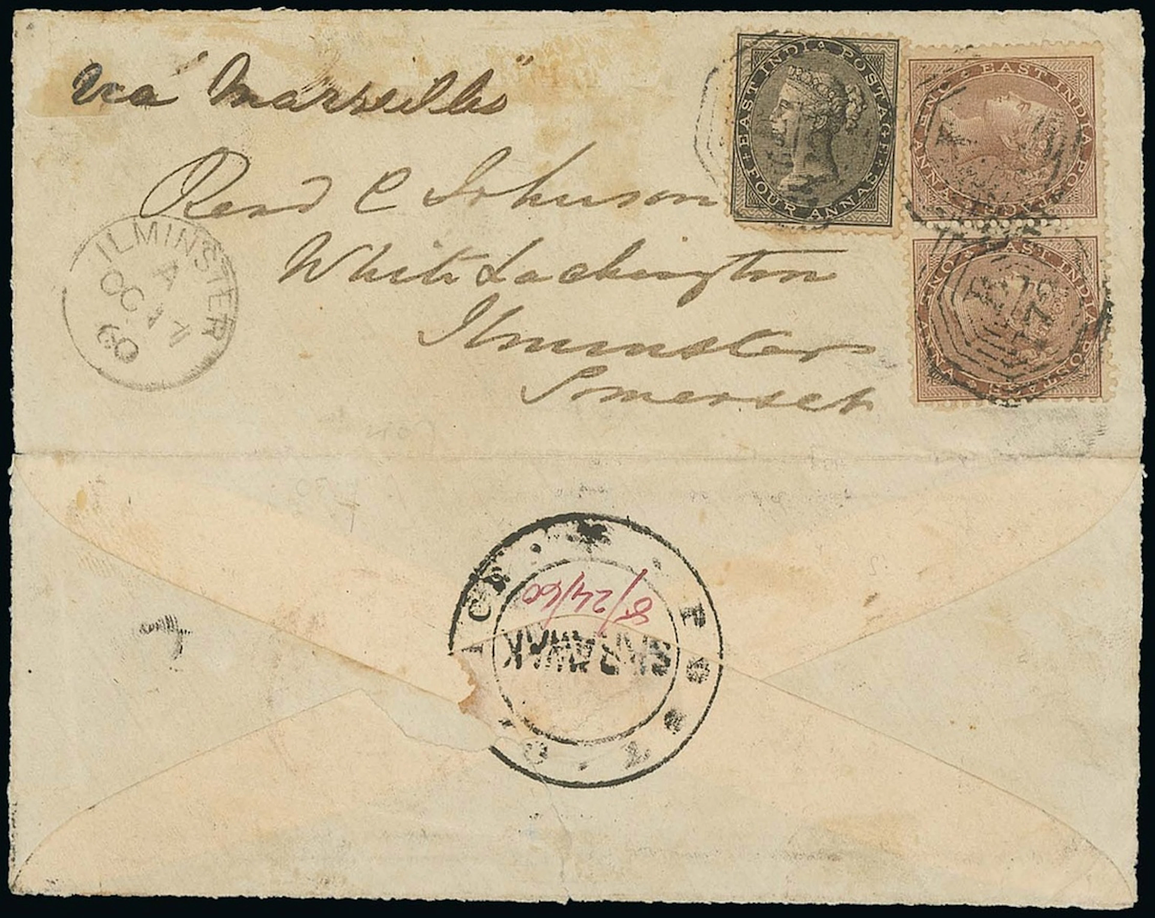 Sarawak "post office/sarawak" Handstamp 1860 (24 Aug.) envelope (opened-out