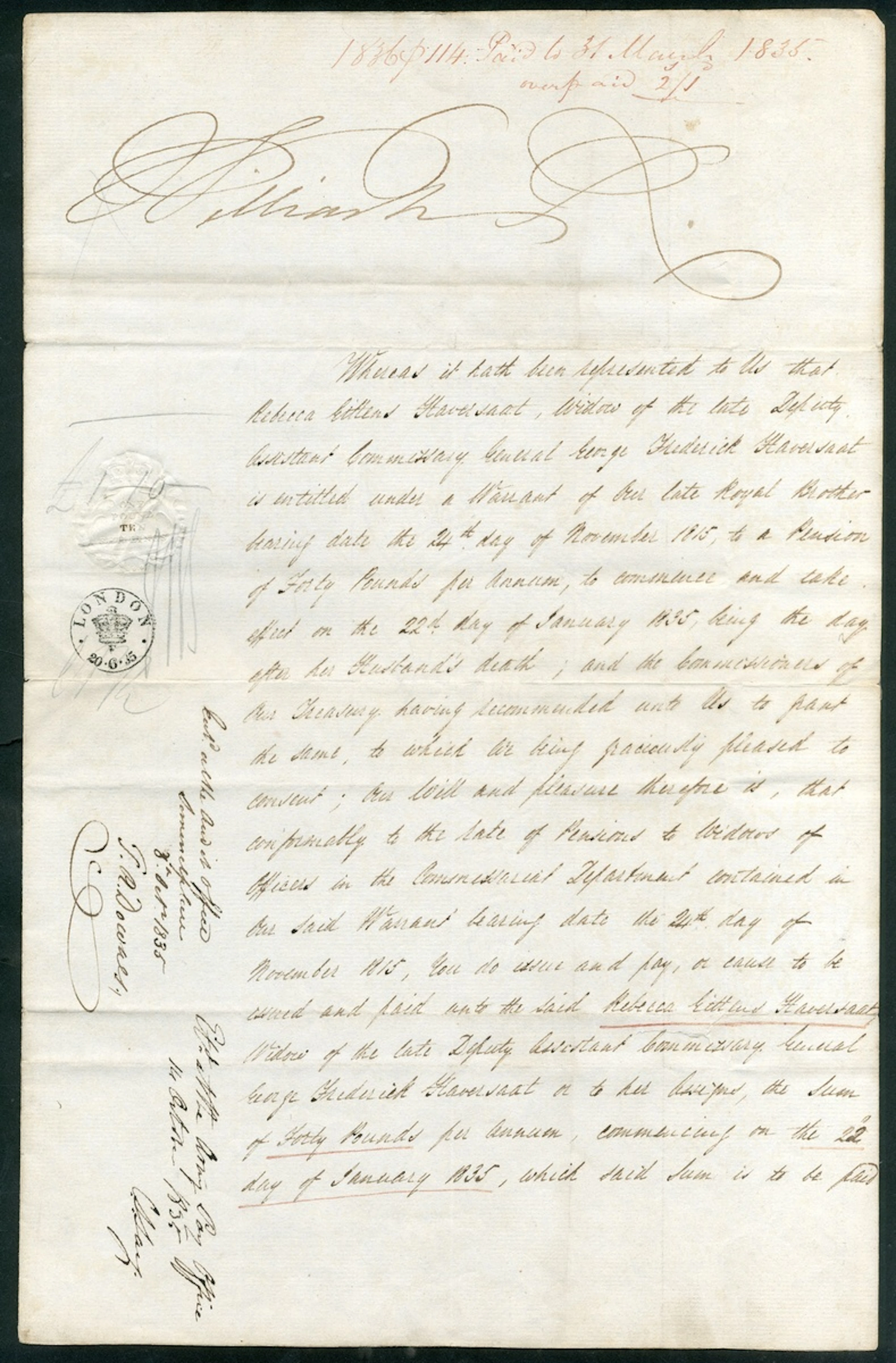 Barbados Royalty King William IV 1835 A Royal Warrant signed at the
