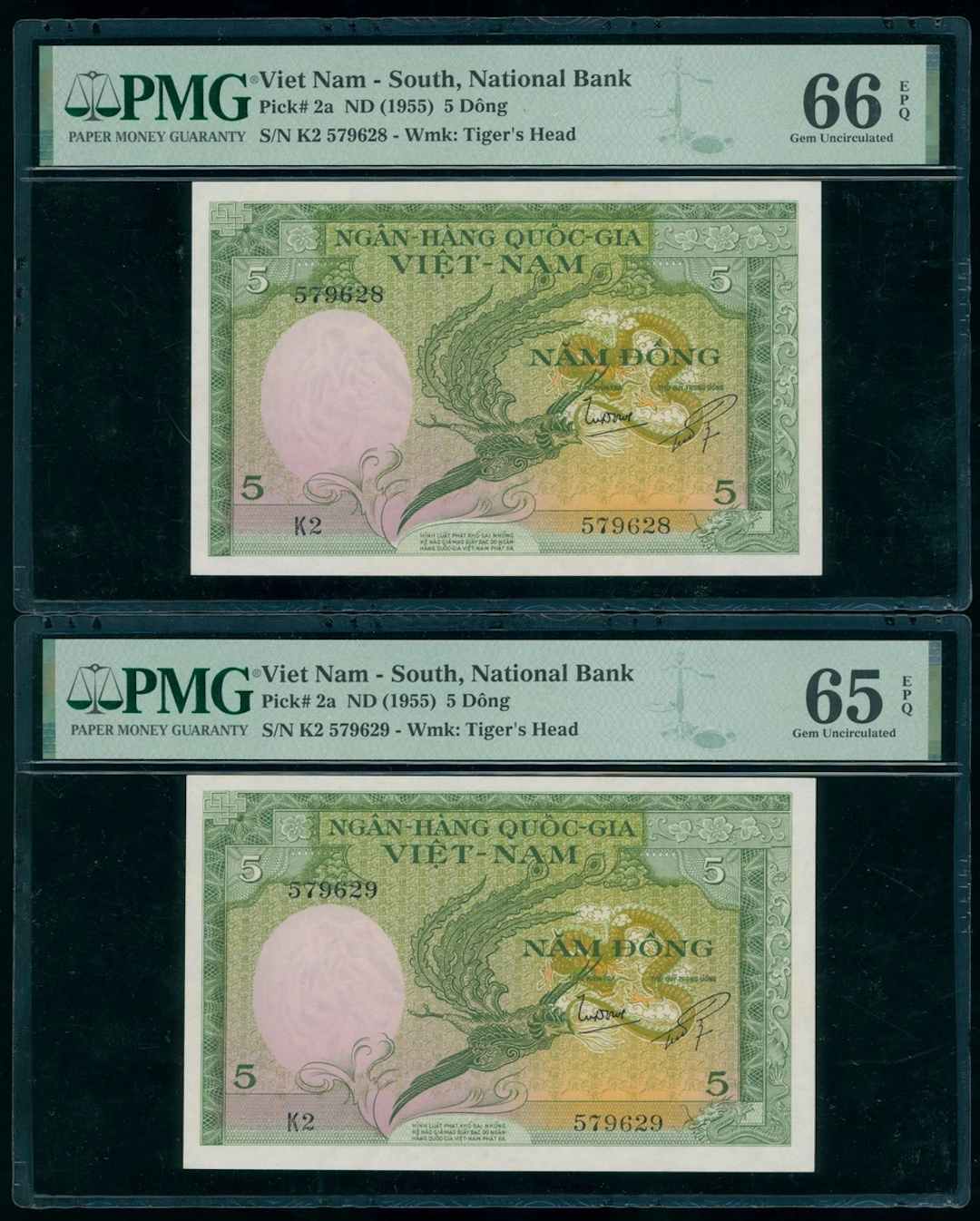 National Bank of Vietnam, consecutive pair 5 dong, ND (1955), serial