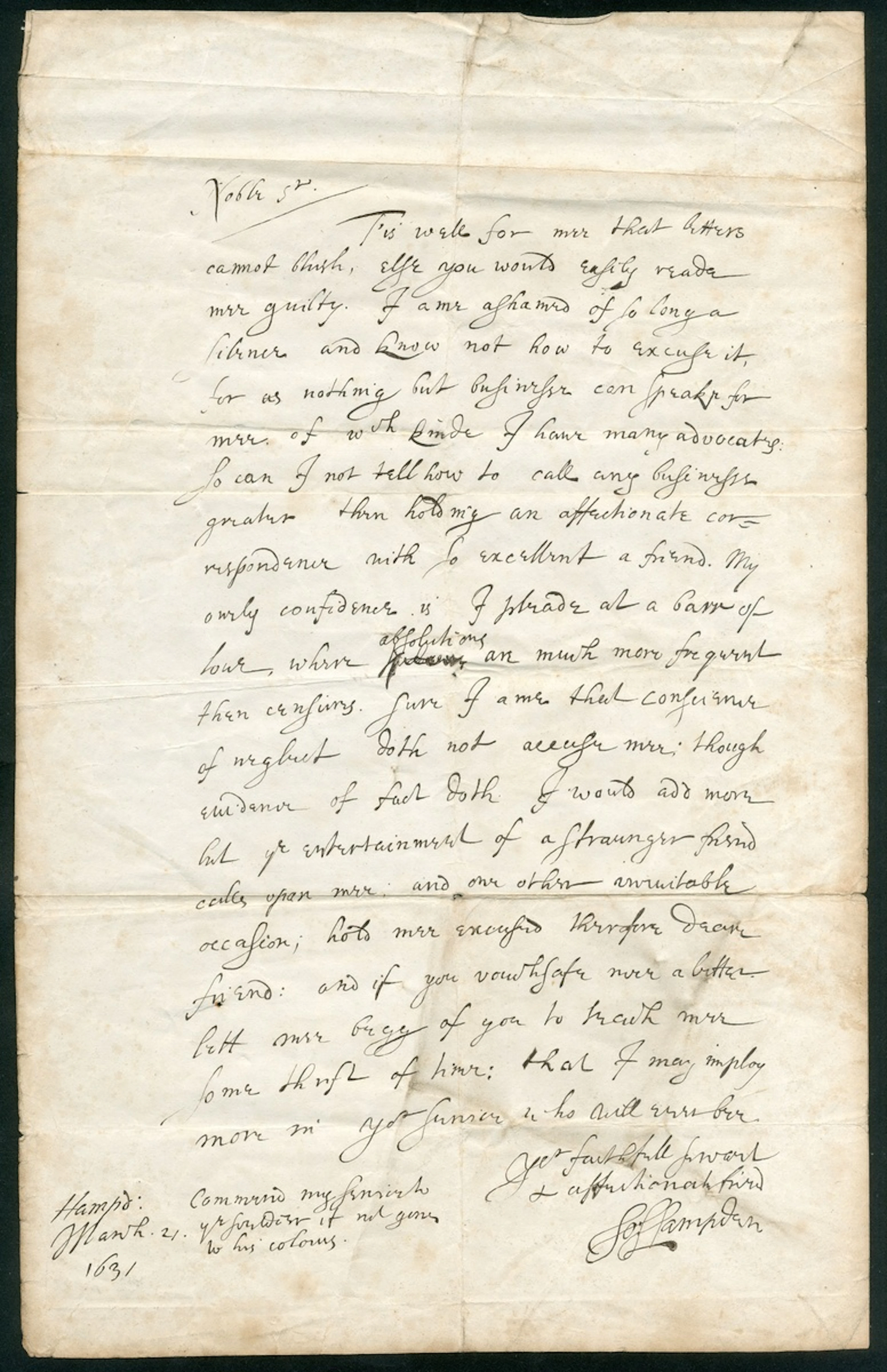 John Hampden, First Cousin of Oliver Cromwell 1631 (21 March) ALS