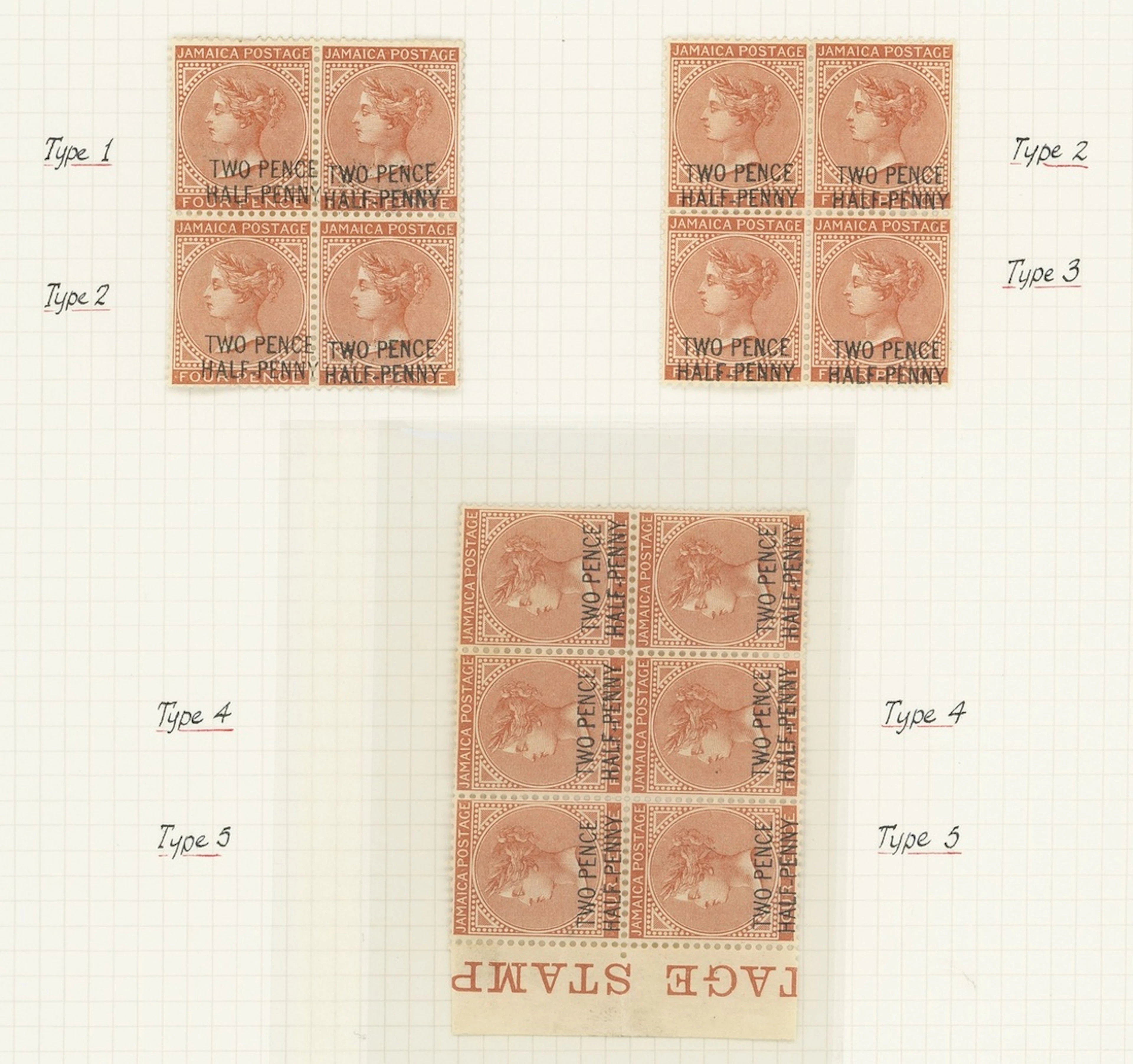 Jamaica 1890 Surcharge mint study collection neatly mounted and written-up